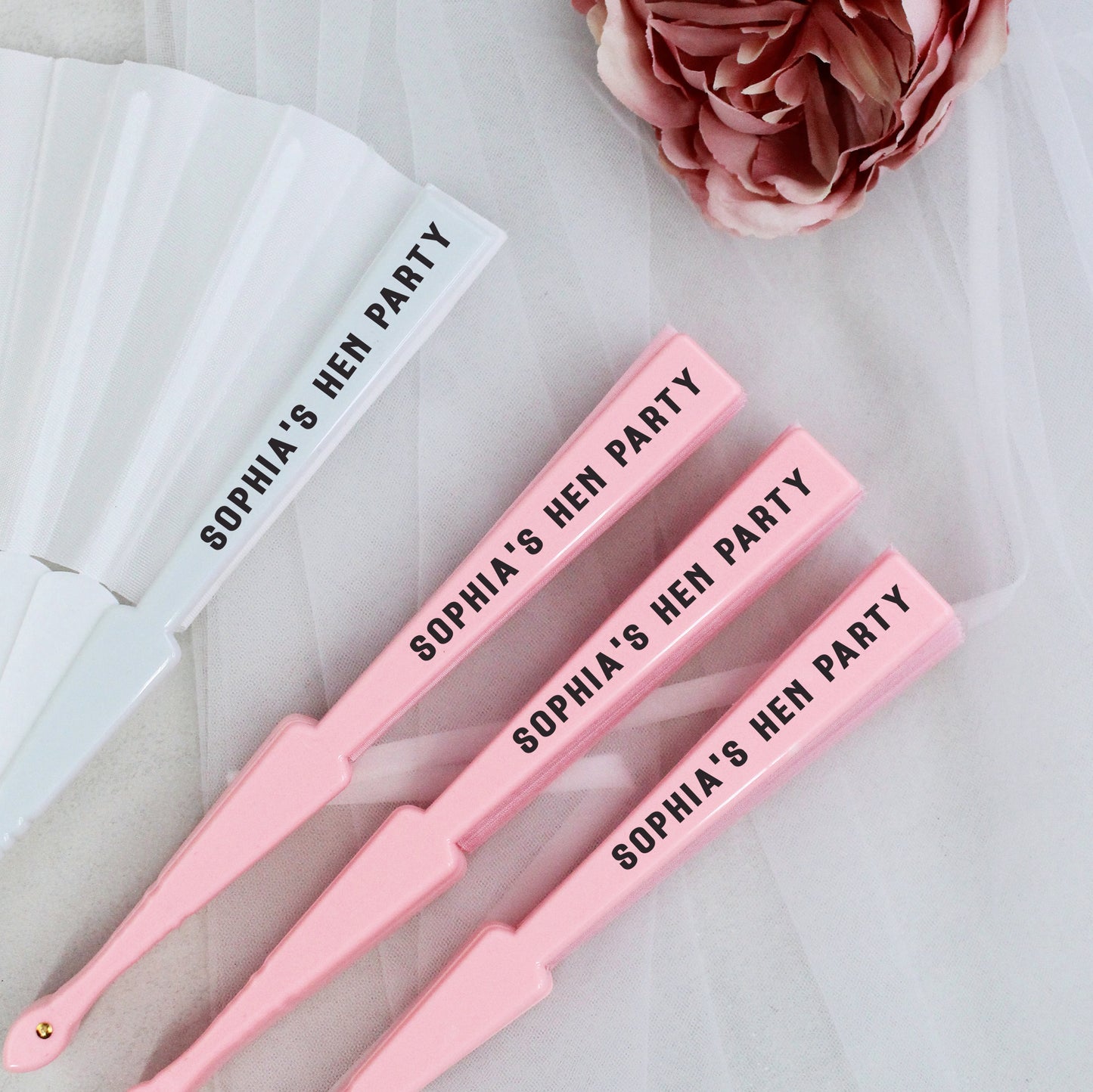 Personalised Hen Party Hand Fans - Pink & White