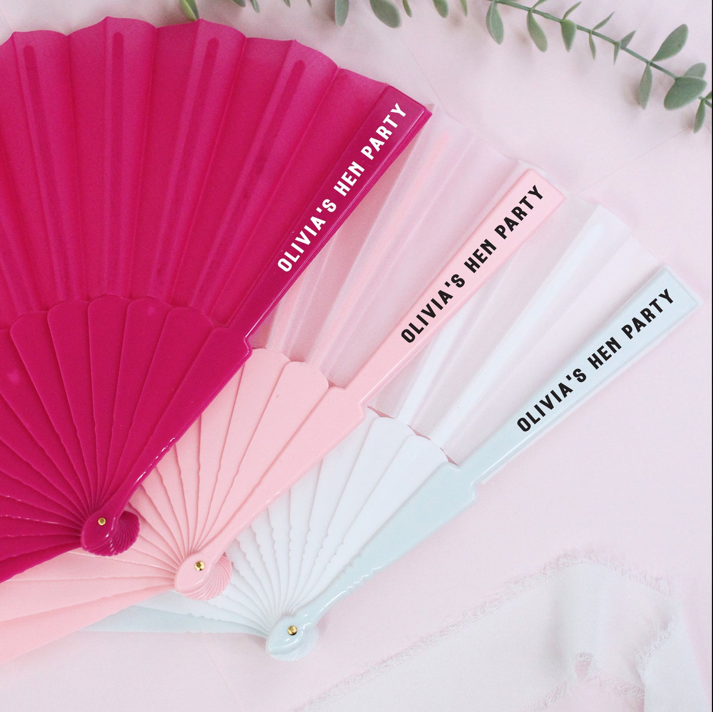 Personalised Hen Party Hand Fans - Pink & White