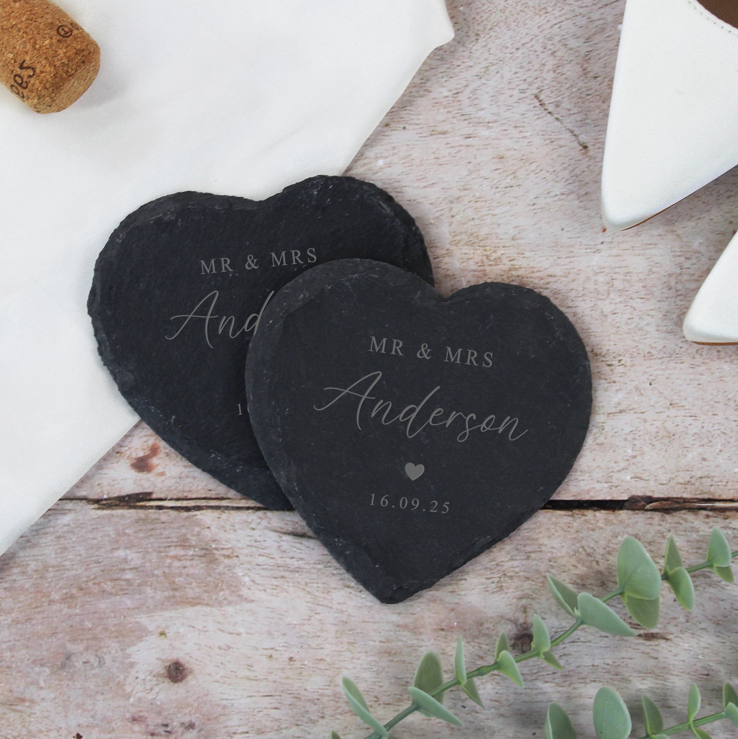 Personalised Mr & Mrs Heart Slate Coaster
