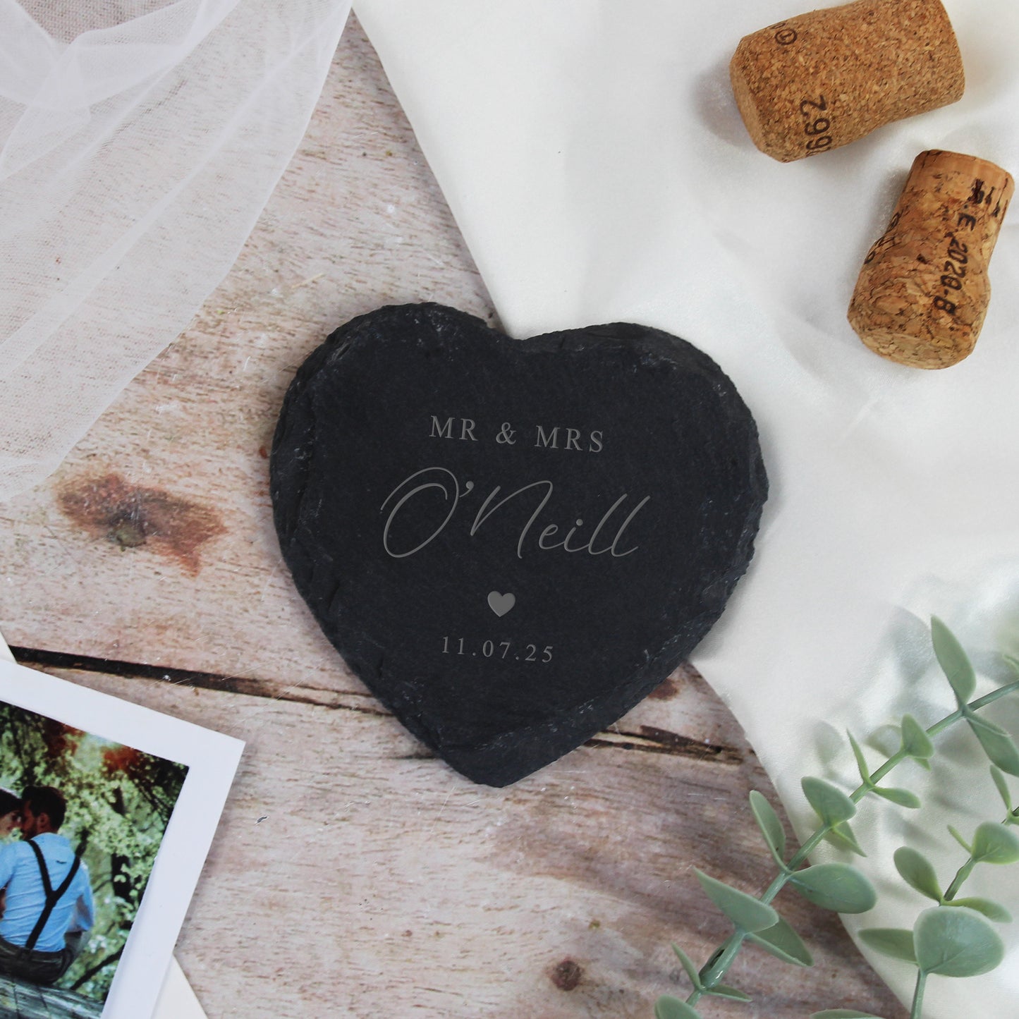 Personalised Mr & Mrs Heart Slate Coaster