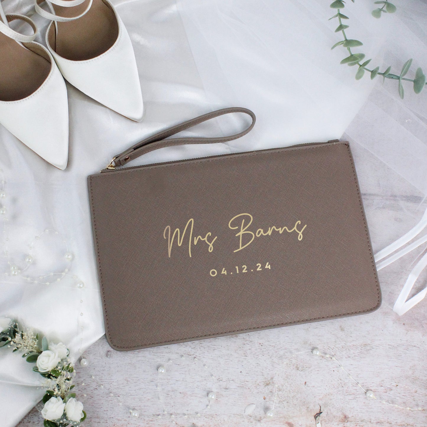 Personalised PU Leather Mrs Clutch Bag with Wedding Date
