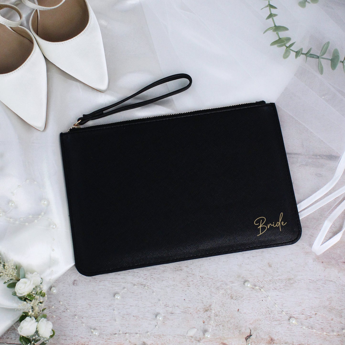 PU Leather Bride Clutch Bag with Wristlet Strap