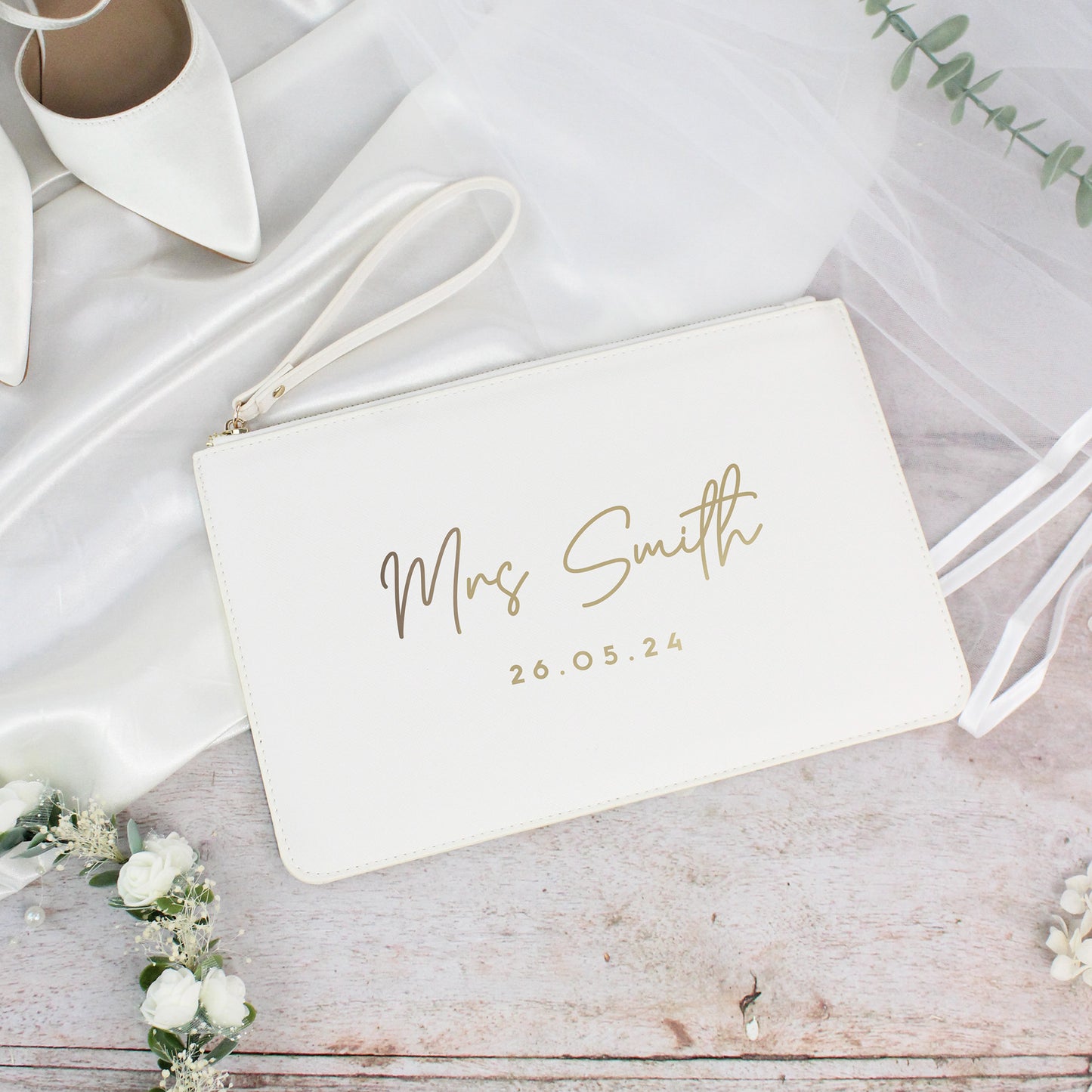Personalised PU Leather Mrs Clutch Bag with Wedding Date