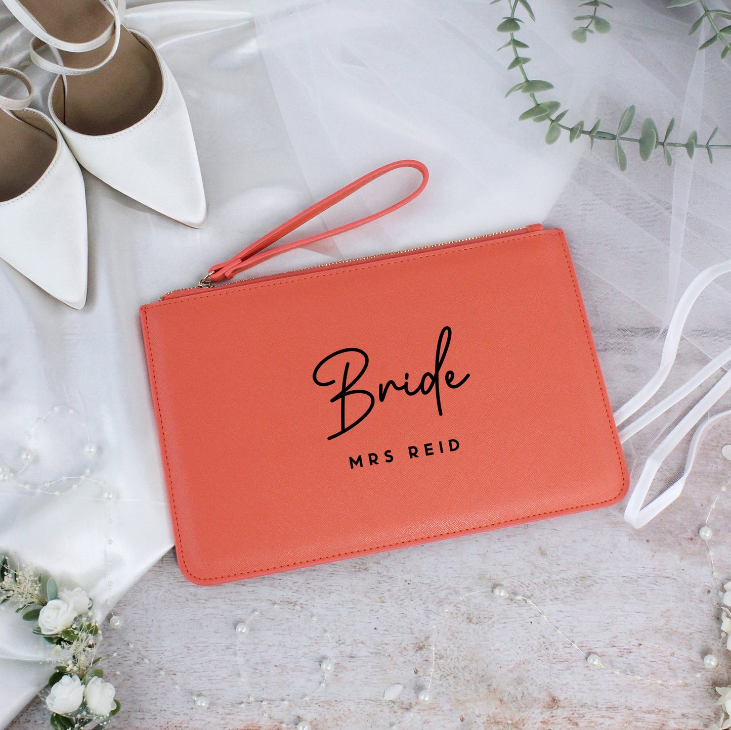 Personalised PU Leather Bride Clutch Bag with Married Name