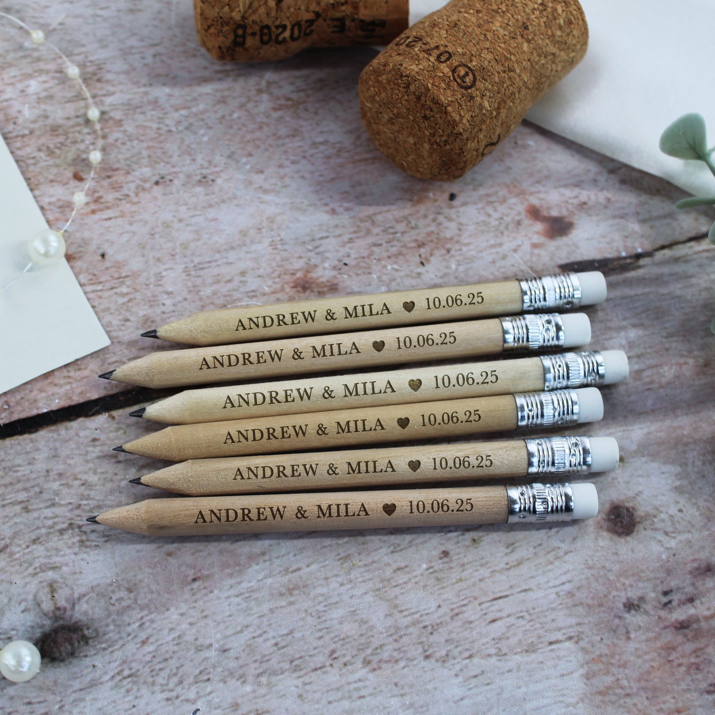 Personalised Miniture Wedding Favour Pencils with Couple Names & Wedding Date
