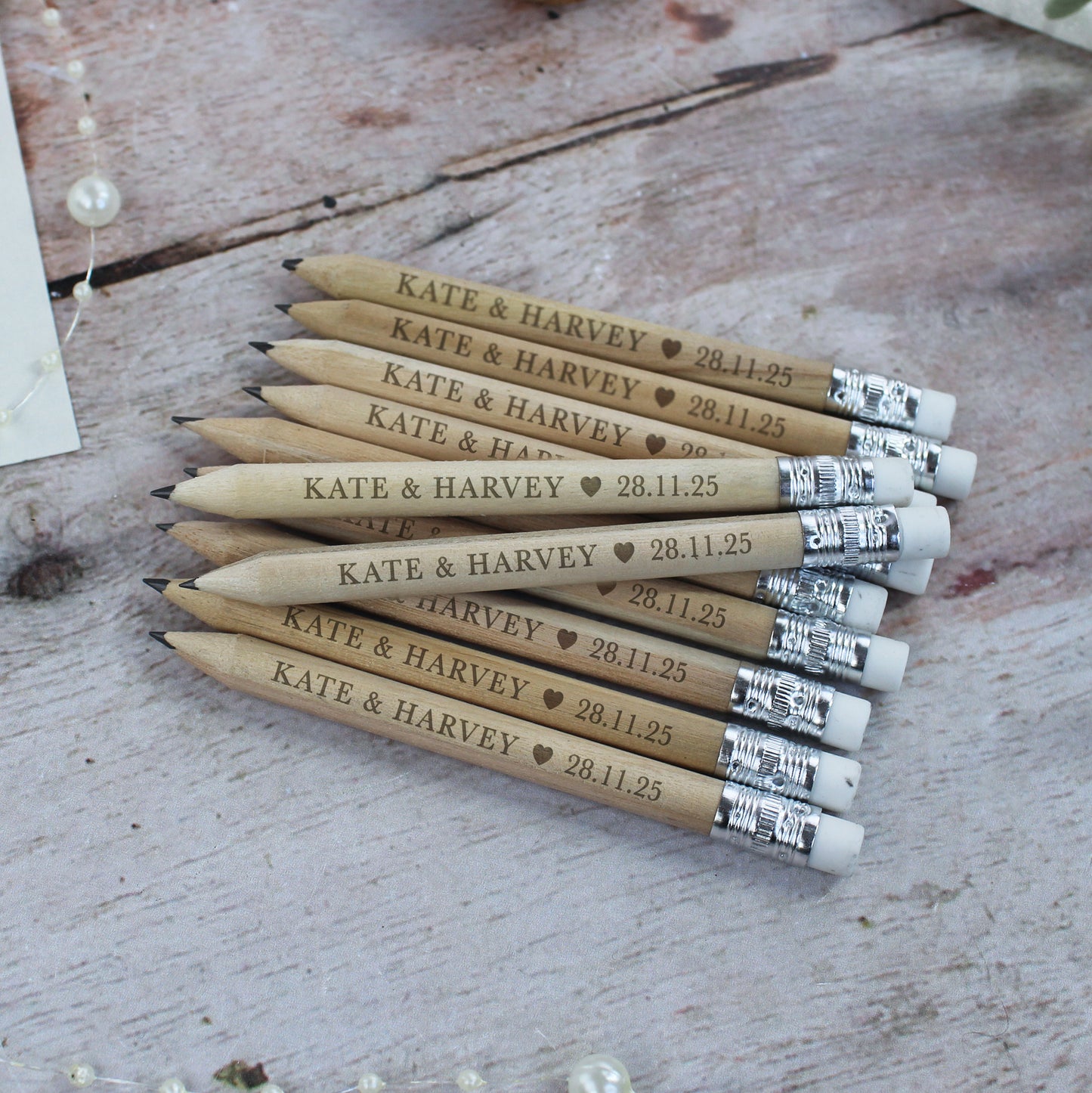 Personalised Miniture Wedding Favour Pencils with Couple Names & Wedding Date