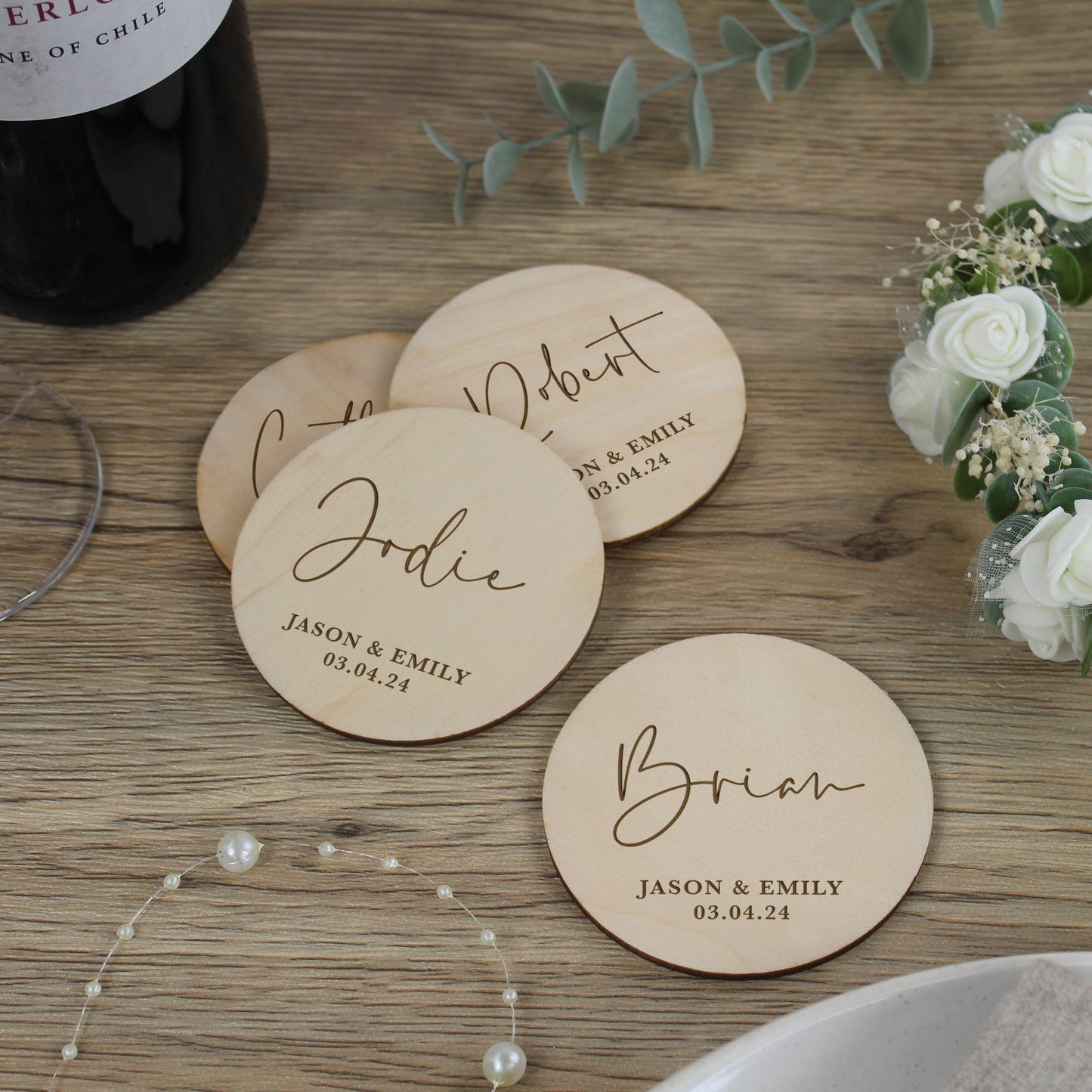Personalised Wooden Table Place Names with Guest Name, Couples Names & Wedding Date