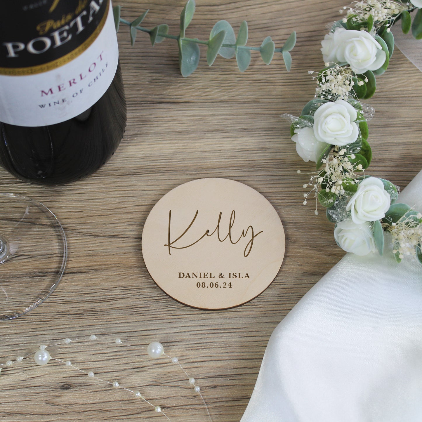Personalised Wooden Table Place Names with Guest Name, Couples Names & Wedding Date