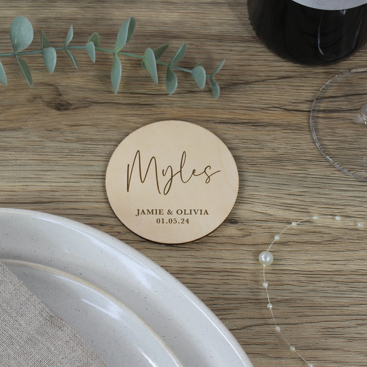 Personalised Wooden Table Place Names with Guest Name, Couples Names & Wedding Date