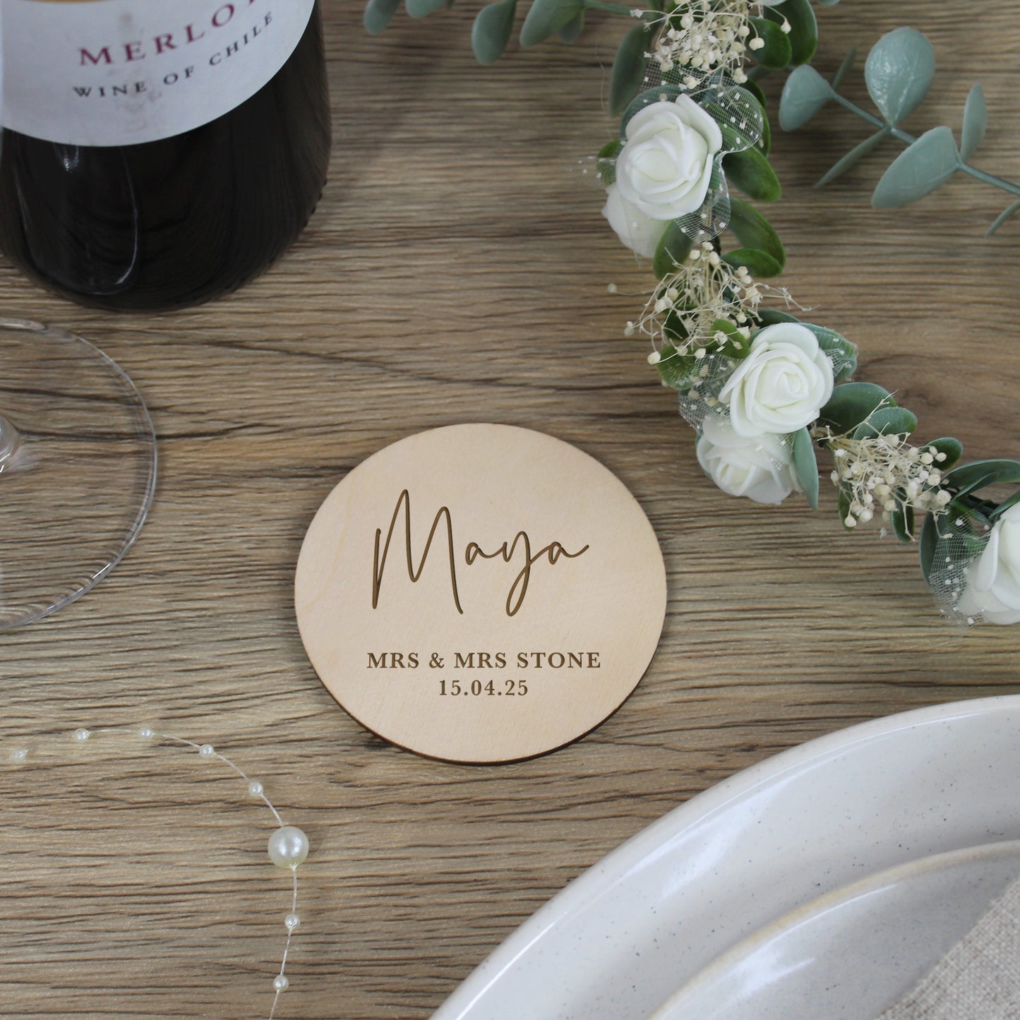 Personalised Wooden Table Place Names with Guest Name, Couples Names & Wedding Date