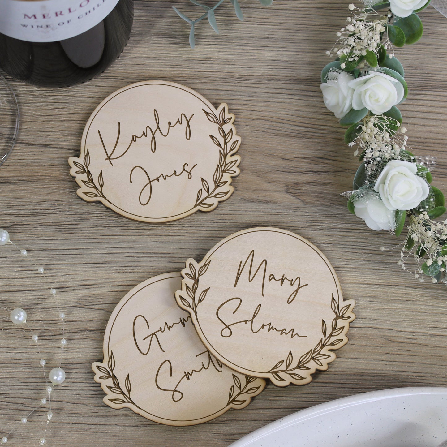 Personalised Wooden Floral Table Coaster with Guests Names