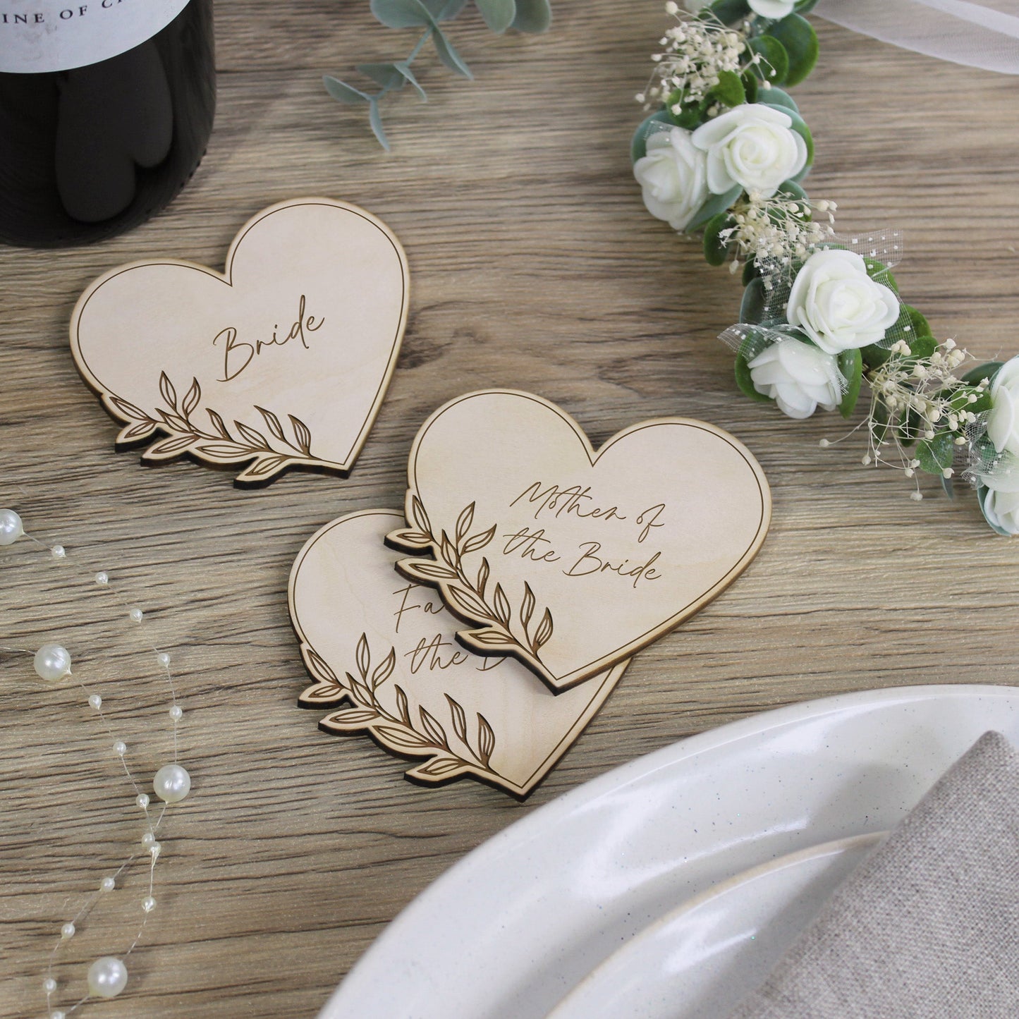 Personalised Floral Wooden Heart Shaped Table Place Names
