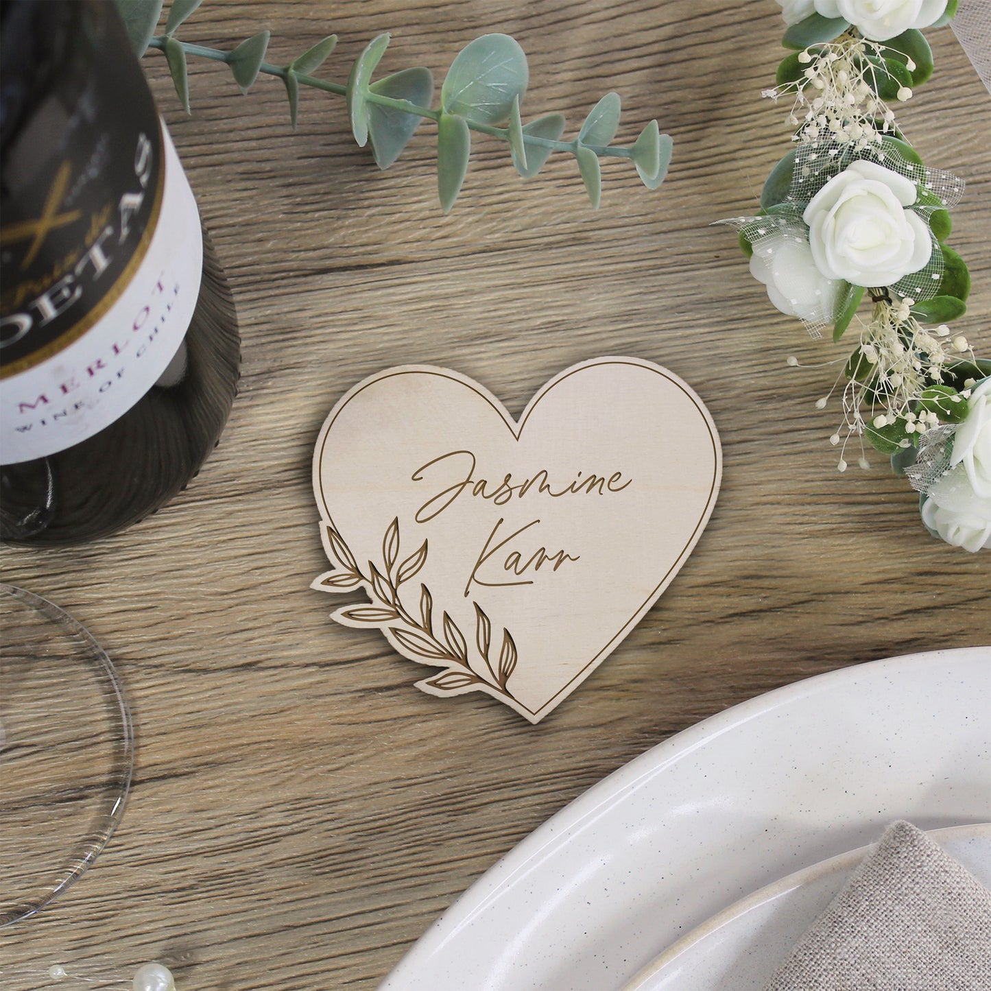 Personalised Floral Wooden Heart Shaped Table Place Names