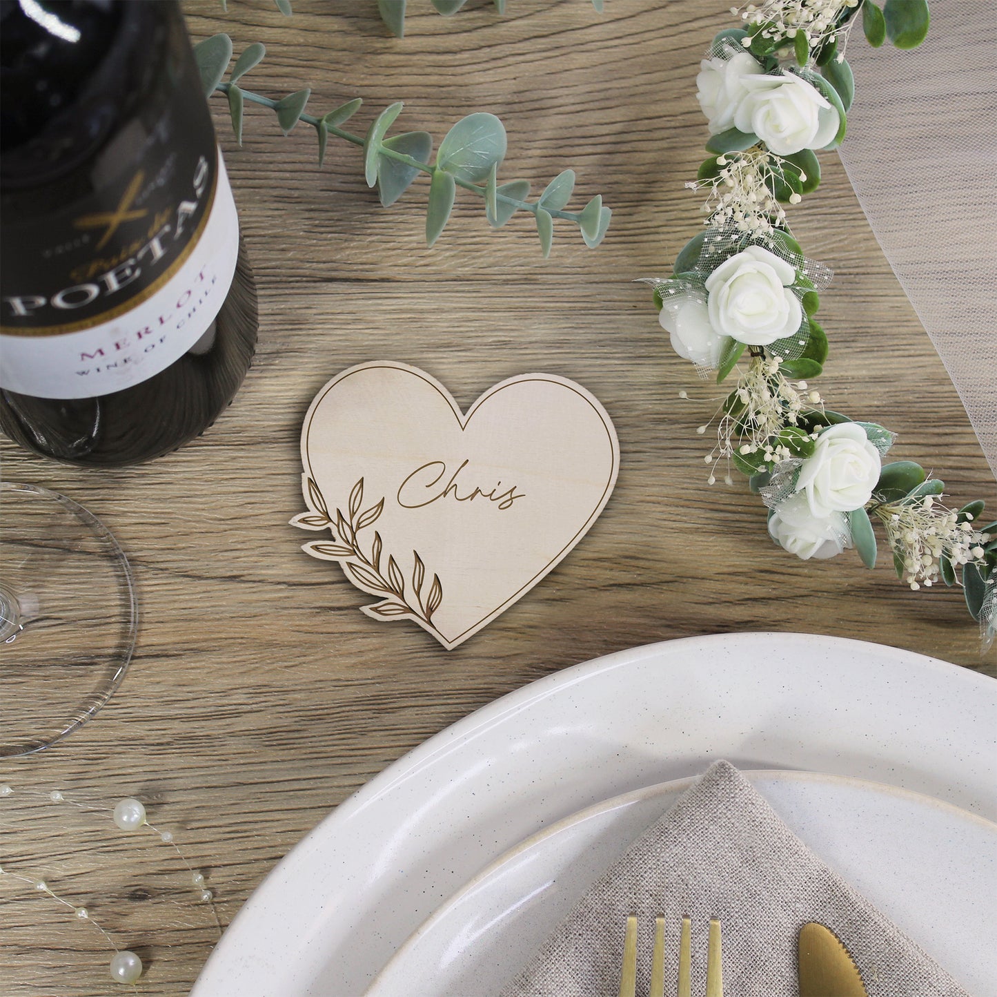Personalised Floral Wooden Heart Shaped Table Place Names