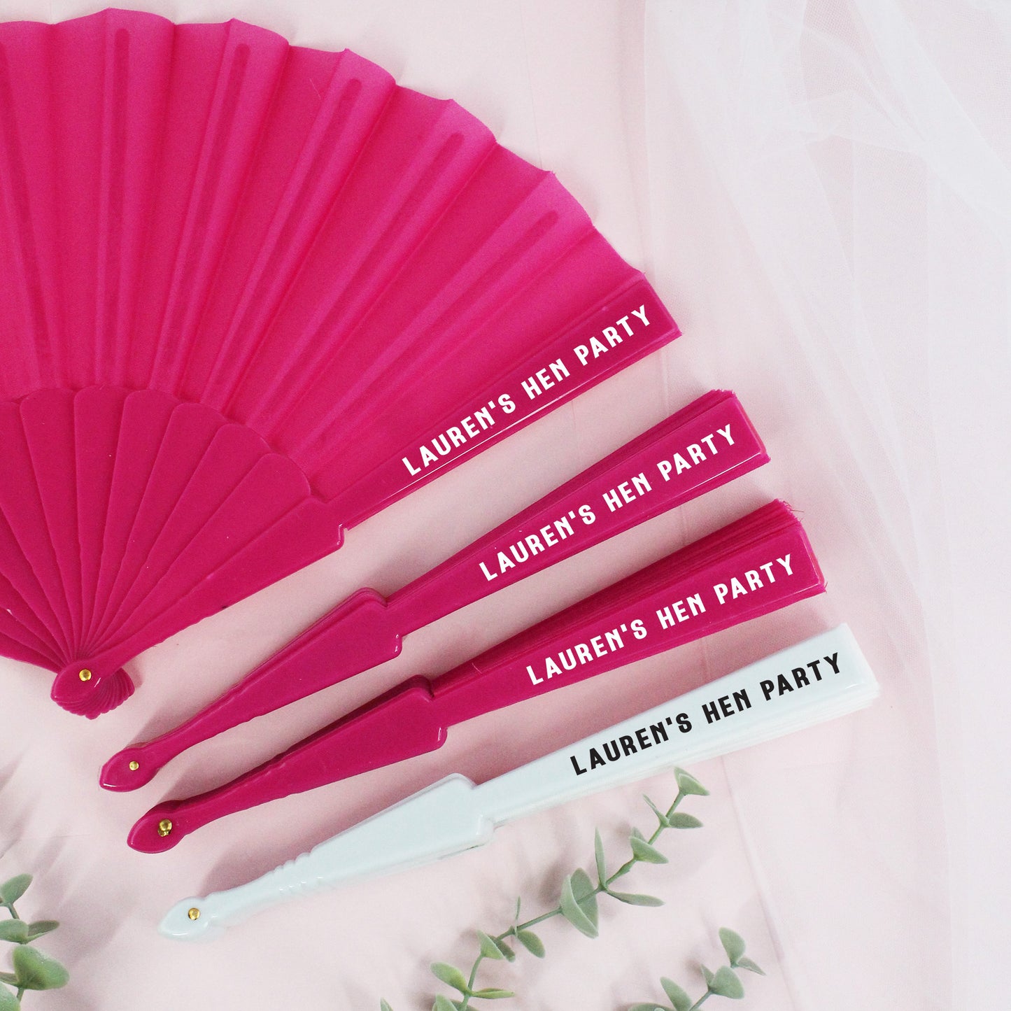 Personalised Hen Party Hand Fans - Pink & White