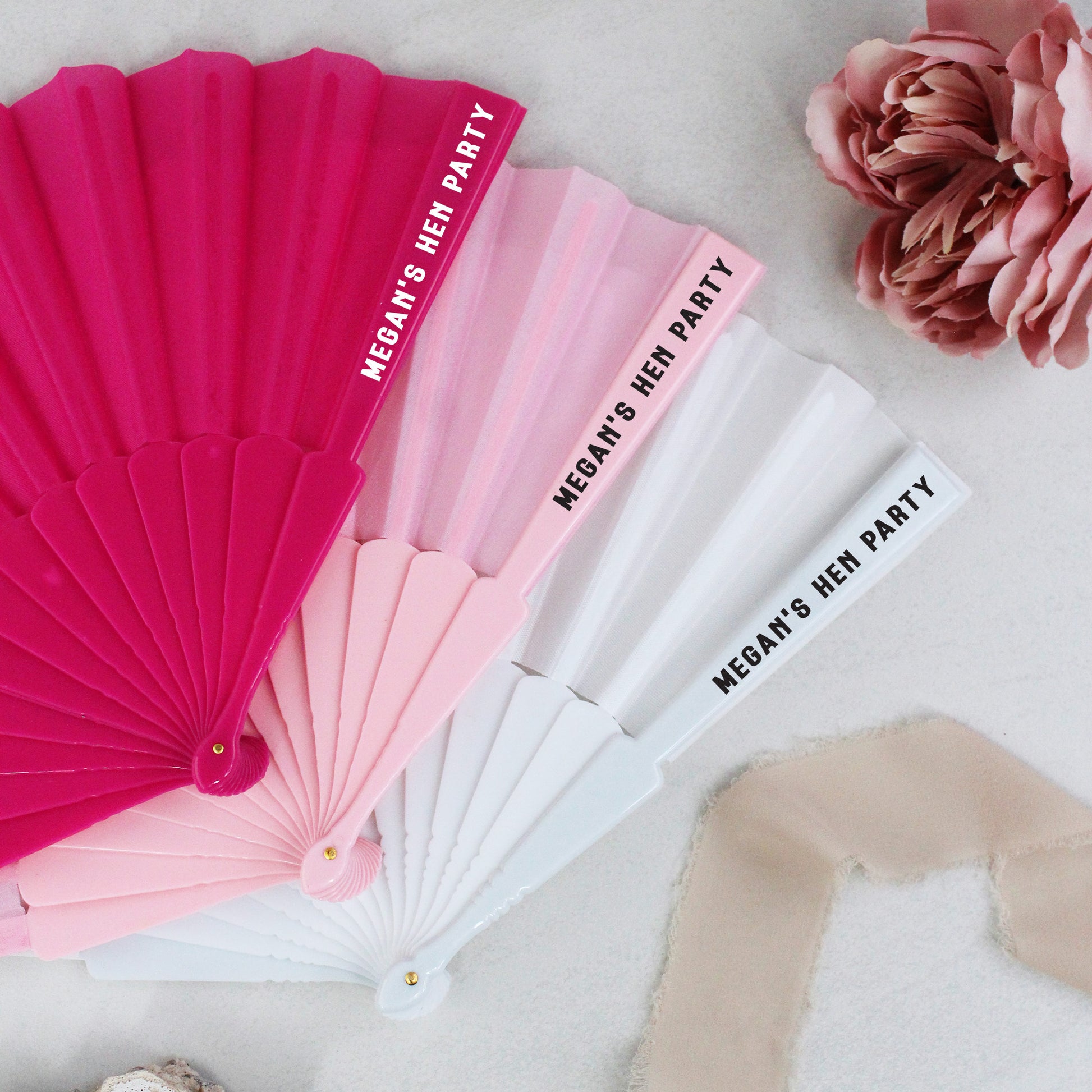 Personalised Hen Party Hand Fans - Pink & White