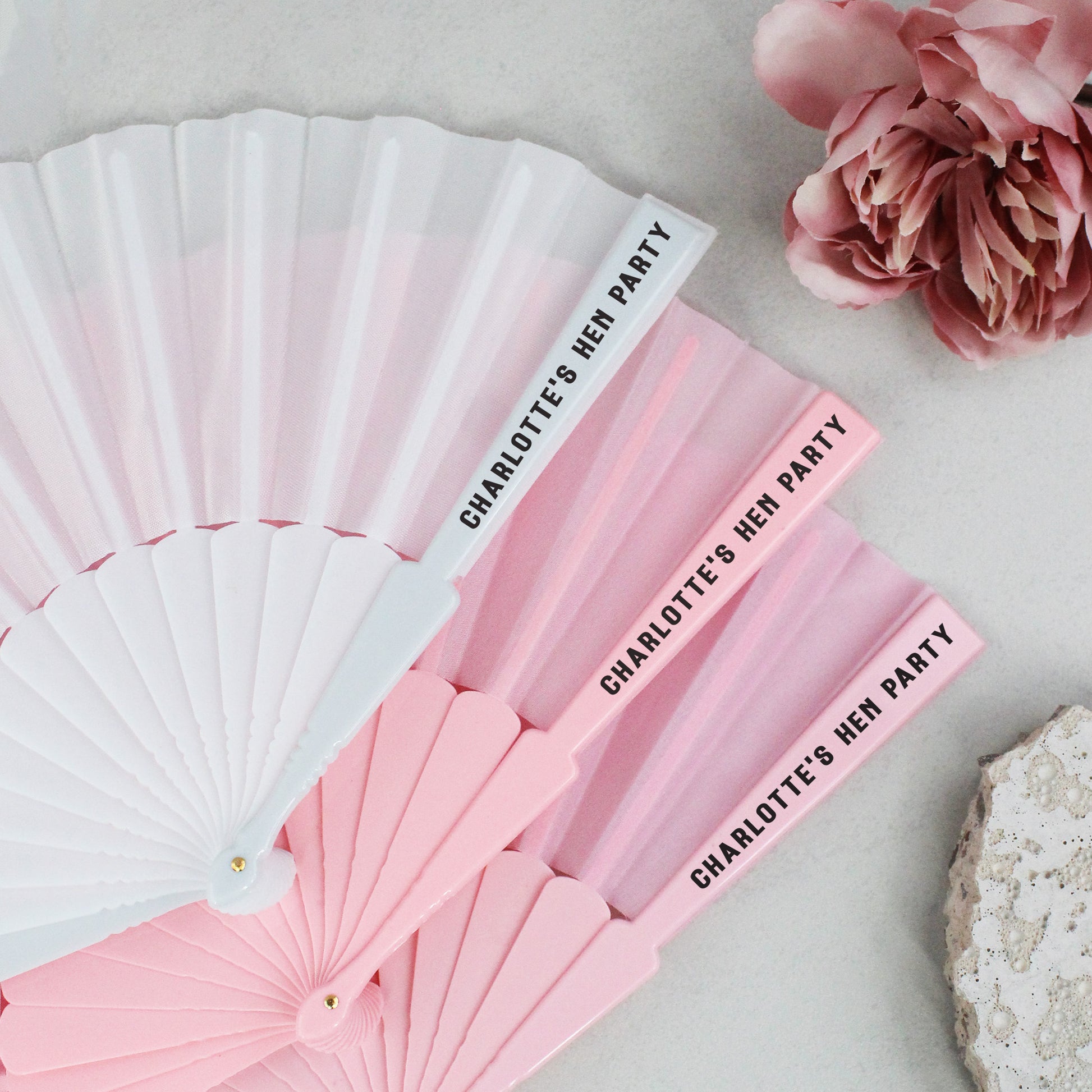 Personalised Hen Party Hand Fans - Pink & White