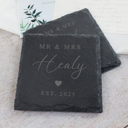 Personalised Mr & Mrs Square Slate Coaster - Set of 2