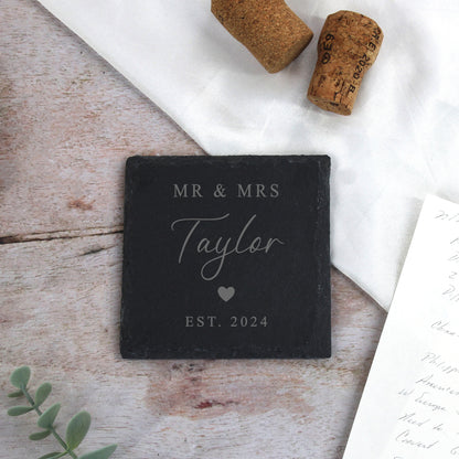 Personalised Mr & Mrs Square Slate Coaster - Set of 2