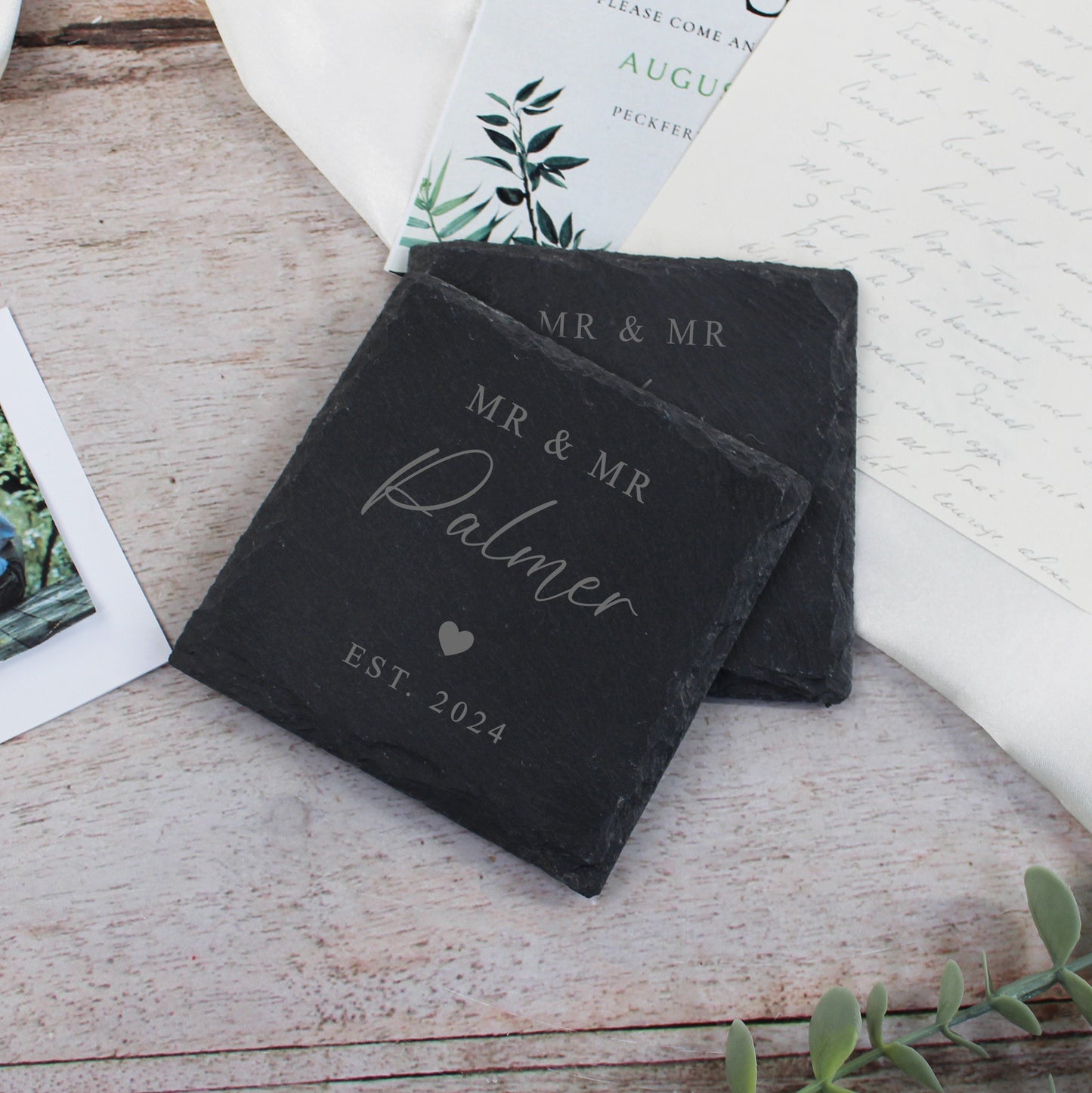 Personalised Mr & Mrs Square Slate Coaster - Set of 2