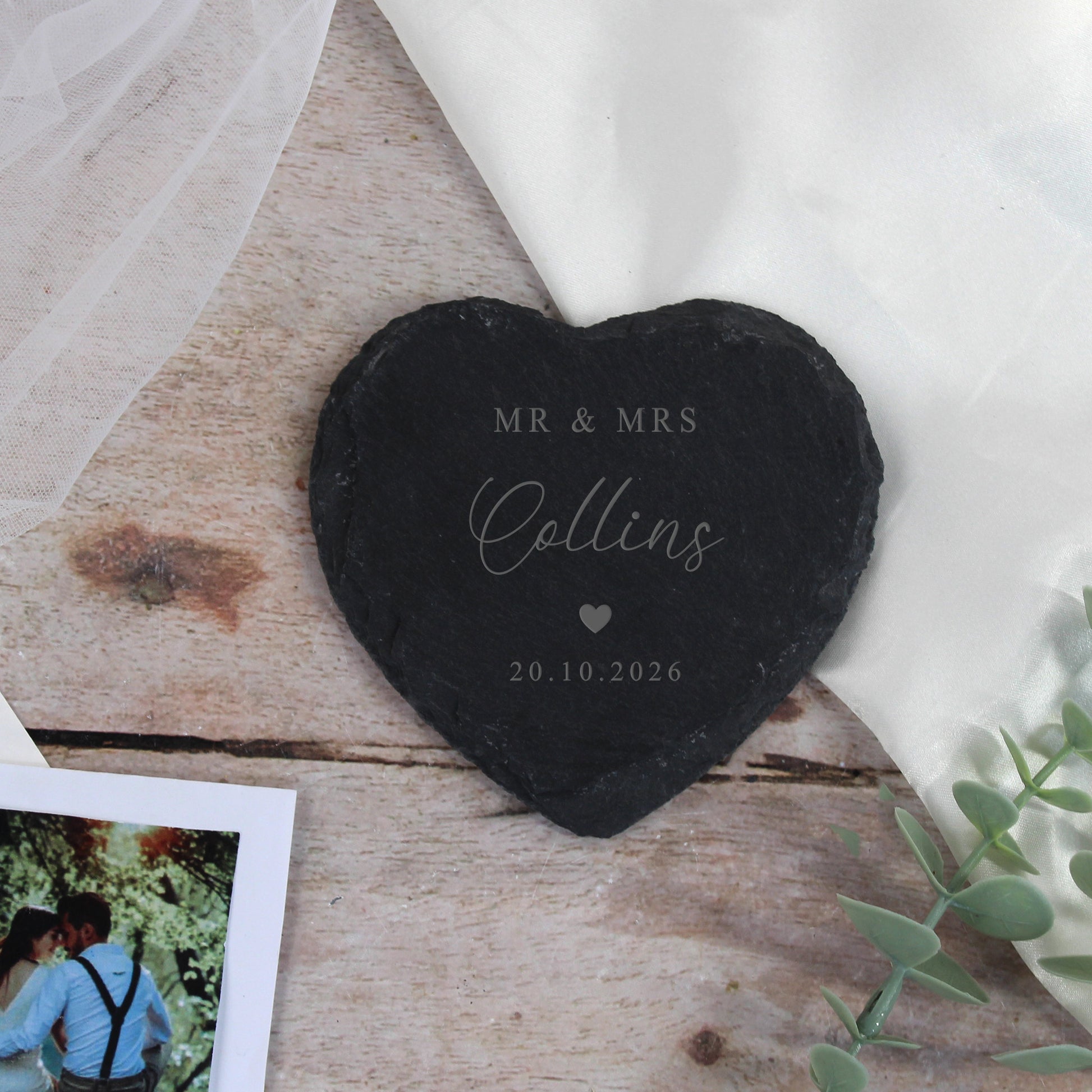 Personalised Mr & Mrs Heart Slate Coaster