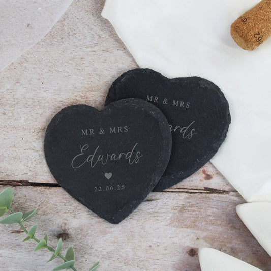 Personalised Mr & Mrs Heart Slate Coaster
