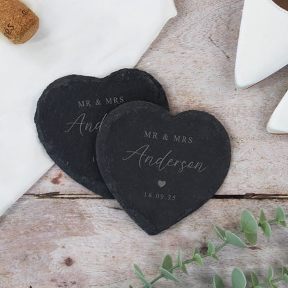 Personalised Mr & Mrs Heart Slate Coaster