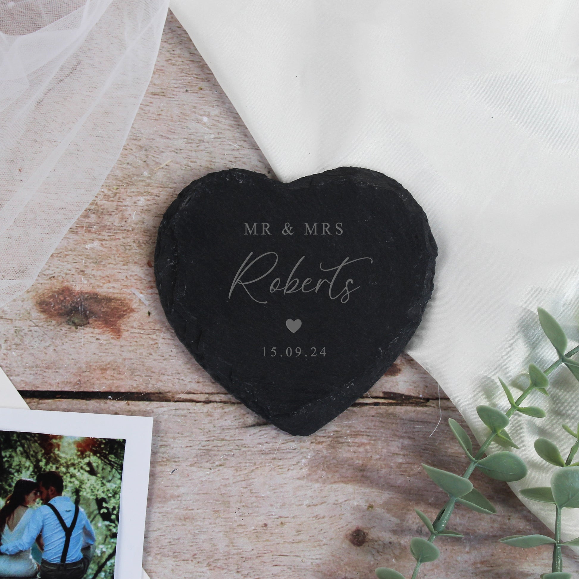 Personalised Mr & Mrs Heart Slate Coaster