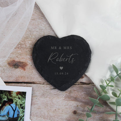 Personalised Mr & Mrs Heart Slate Coaster
