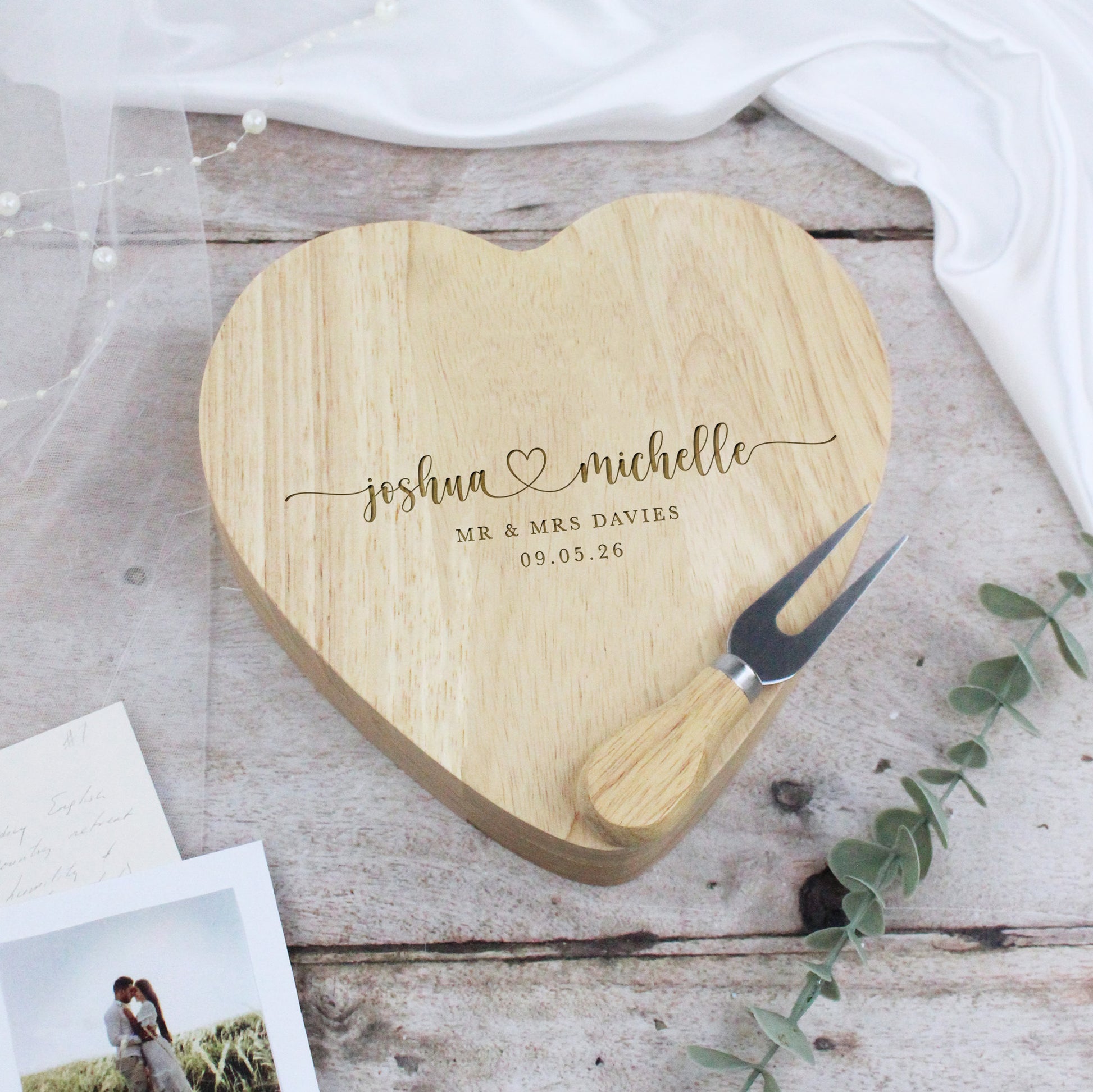 Personalised Mr & Mrs Heart Shaped Cheeseboard with Tools