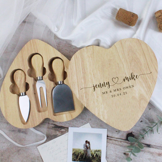 Personalised Mr & Mrs Heart Shaped Cheeseboard with Tools