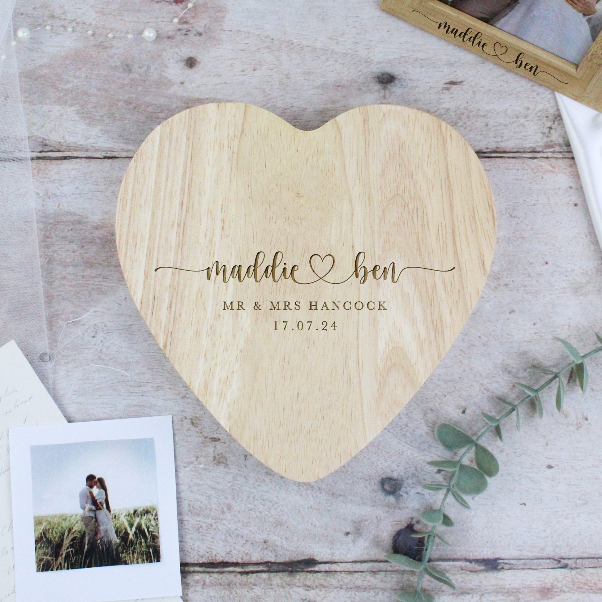 Personalised Mr & Mrs Heart Shaped Cheeseboard with Tools