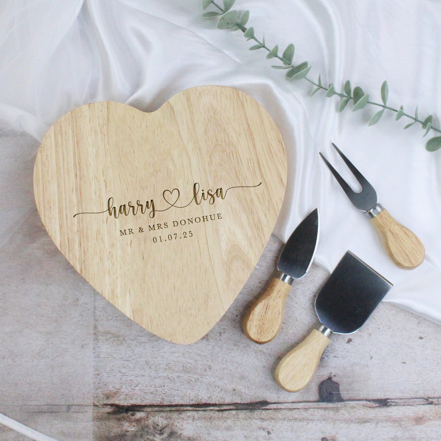 Personalised Mr & Mrs Heart Shaped Cheeseboard with Tools