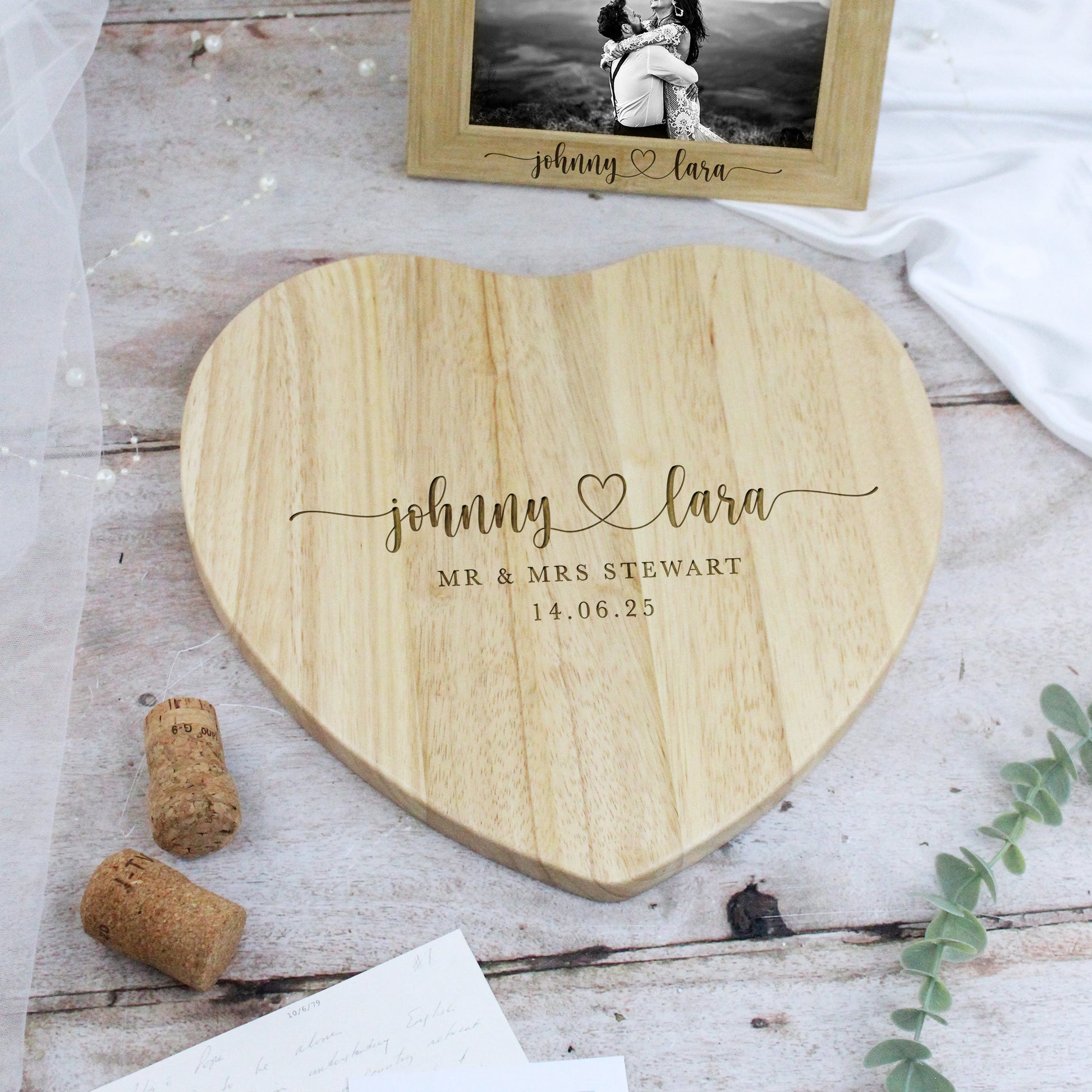 Personalised Heart Shaped Mr & Mrs Wooden Chopping Board