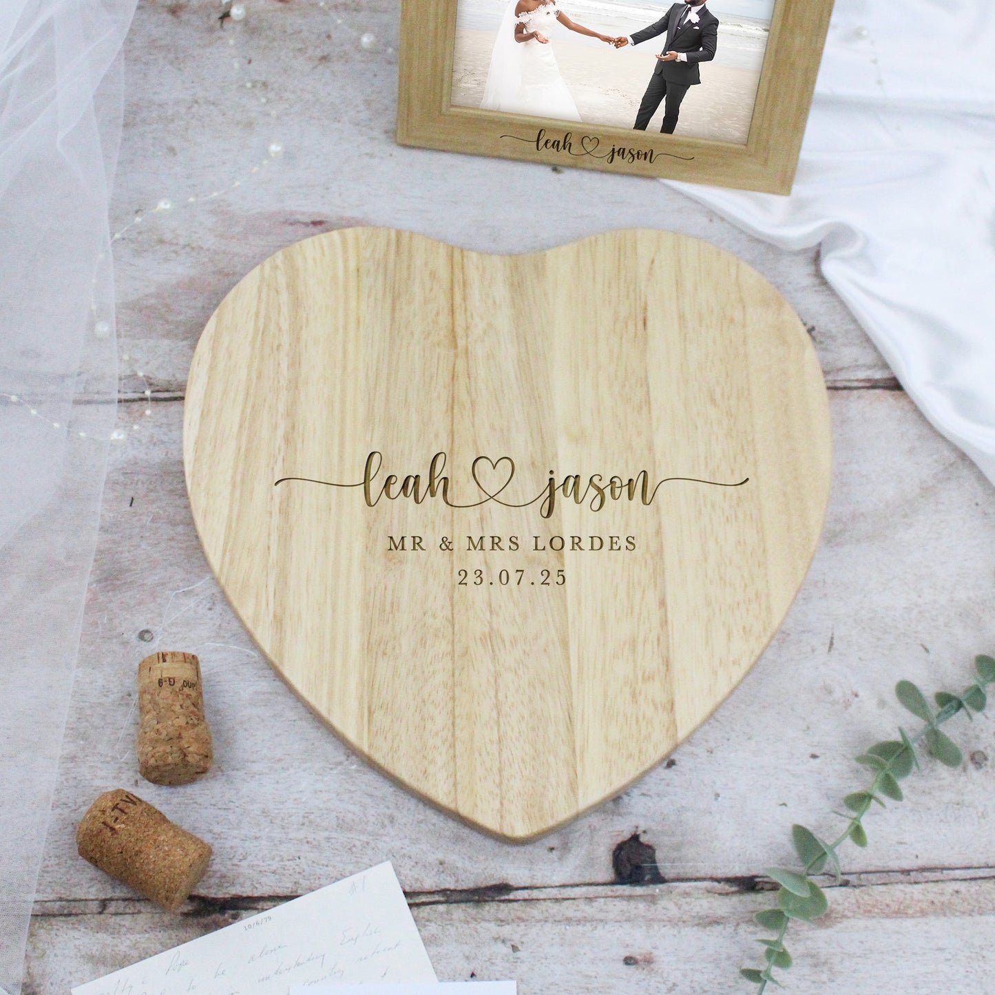 Personalised Heart Shaped Mr & Mrs Wooden Chopping Board