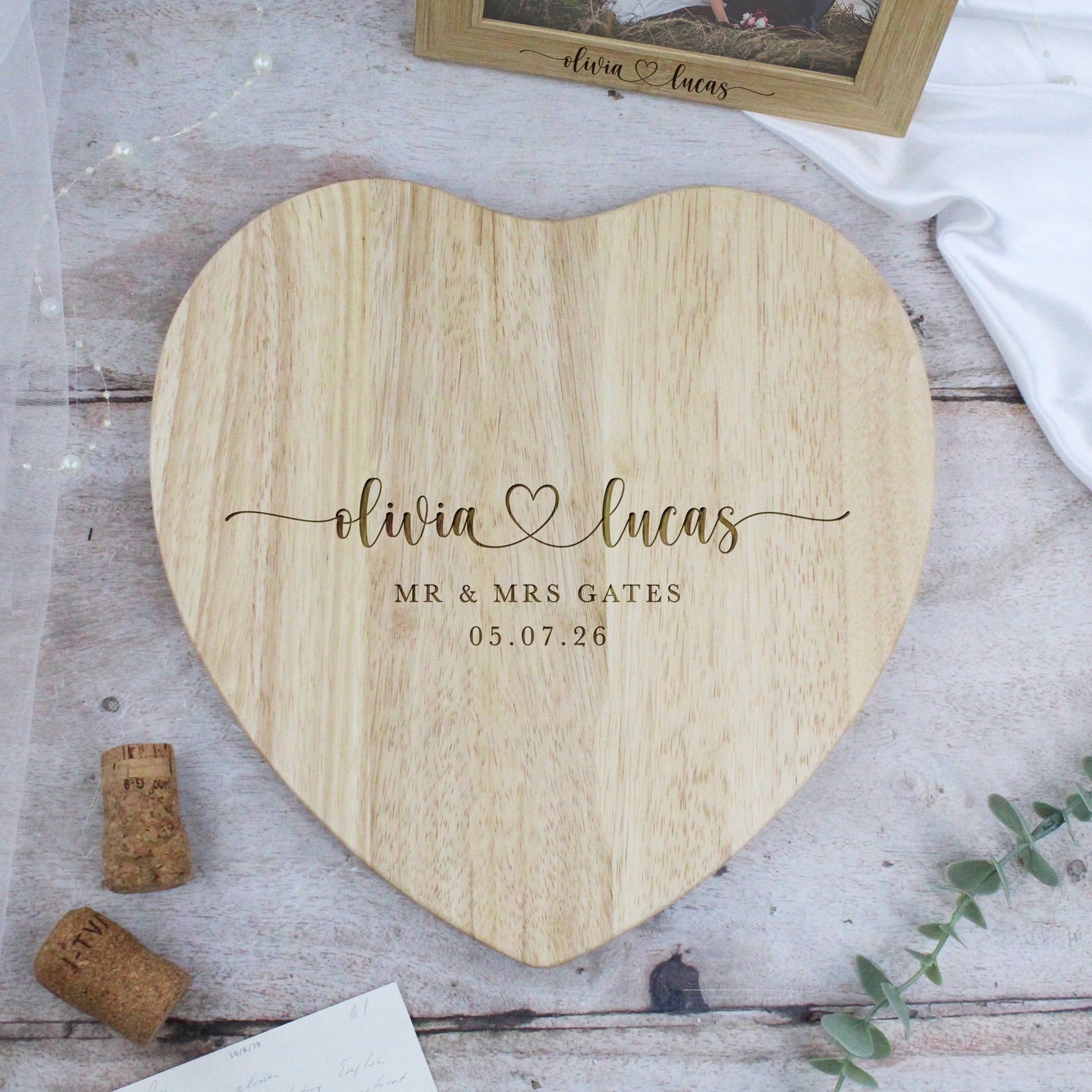 Personalised Heart Shaped Mr & Mrs Wooden Chopping Board
