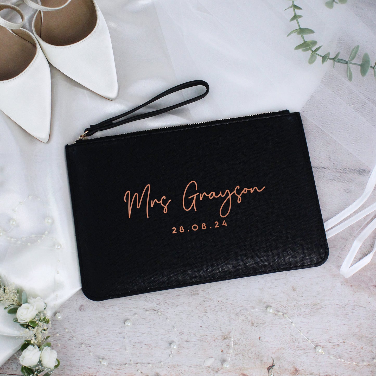 Personalised PU Leather Mrs Clutch Bag with Wedding Date