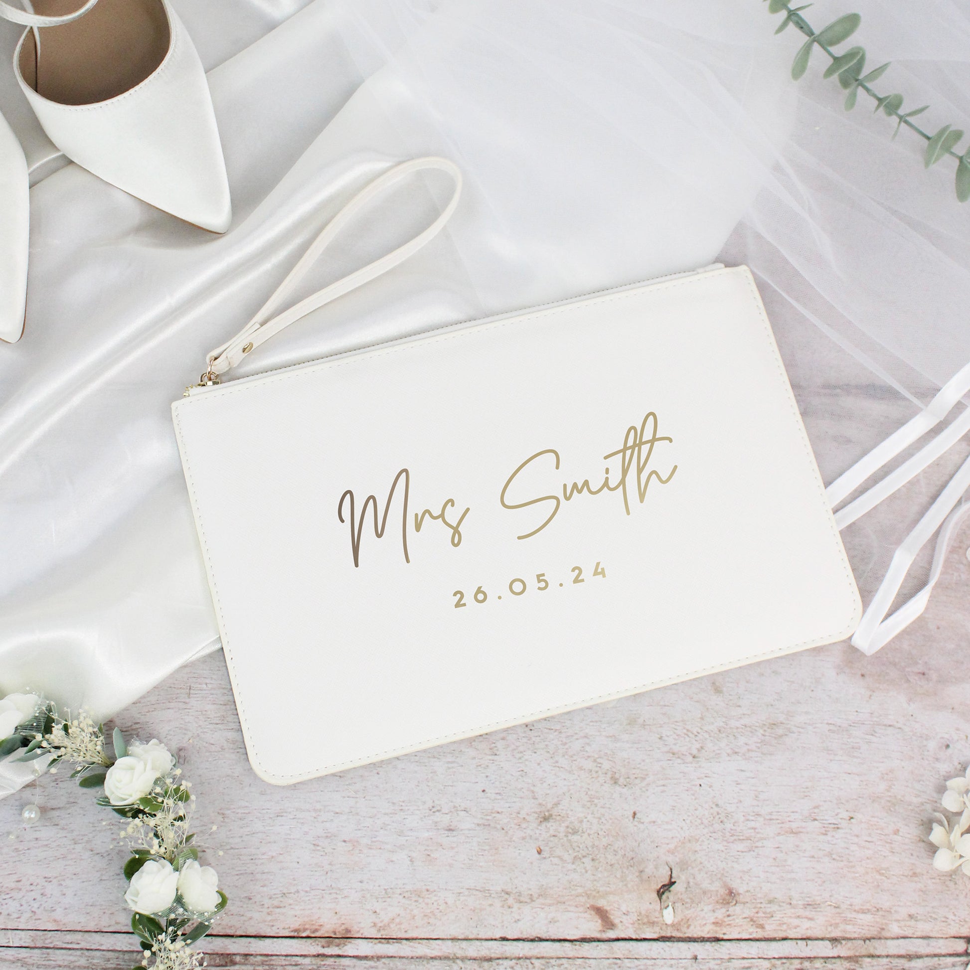 Personalised PU Leather Mrs Clutch Bag with Wedding Date