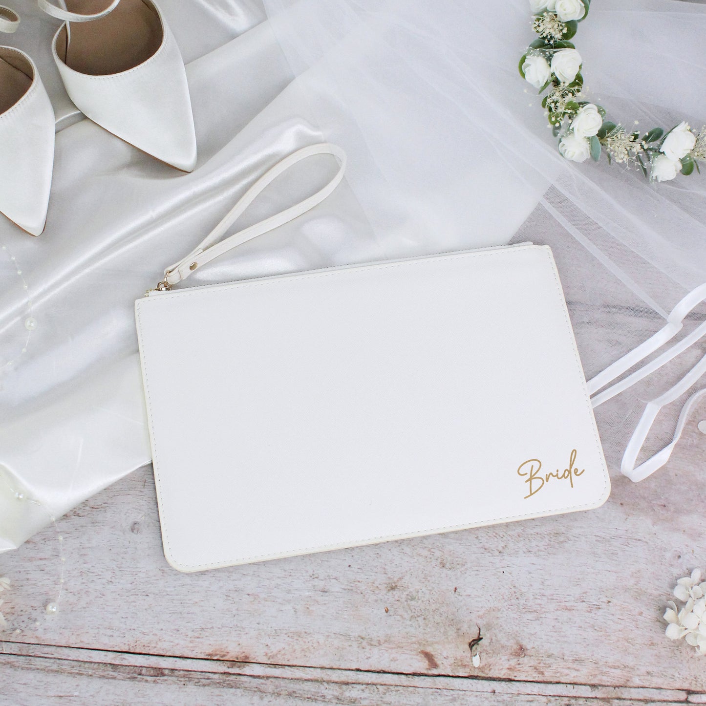 PU Leather Bride Clutch Bag with Wristlet Strap