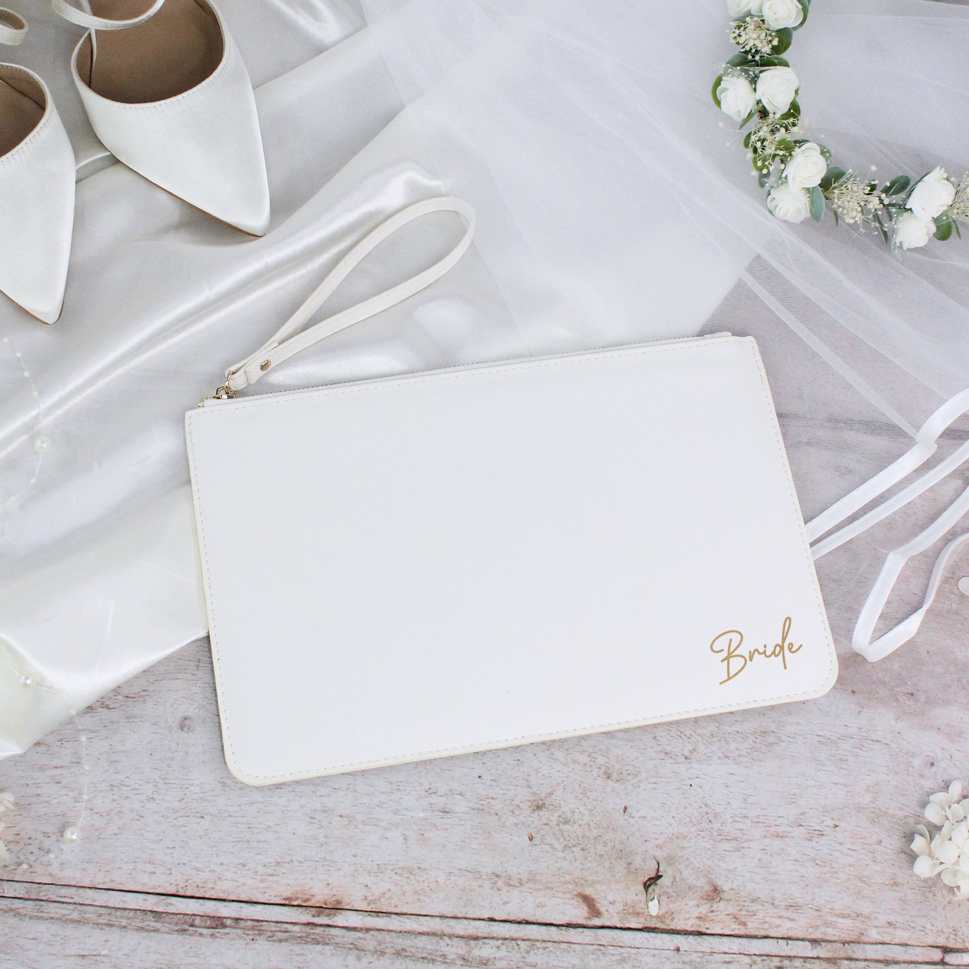 PU Leather Bride Clutch Bag with Wristlet Strap
