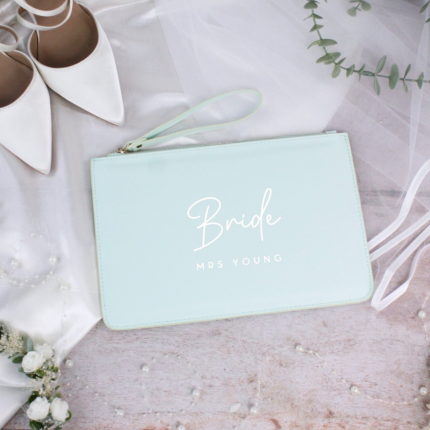 Personalised PU Leather Bride Clutch Bag with Married Name
