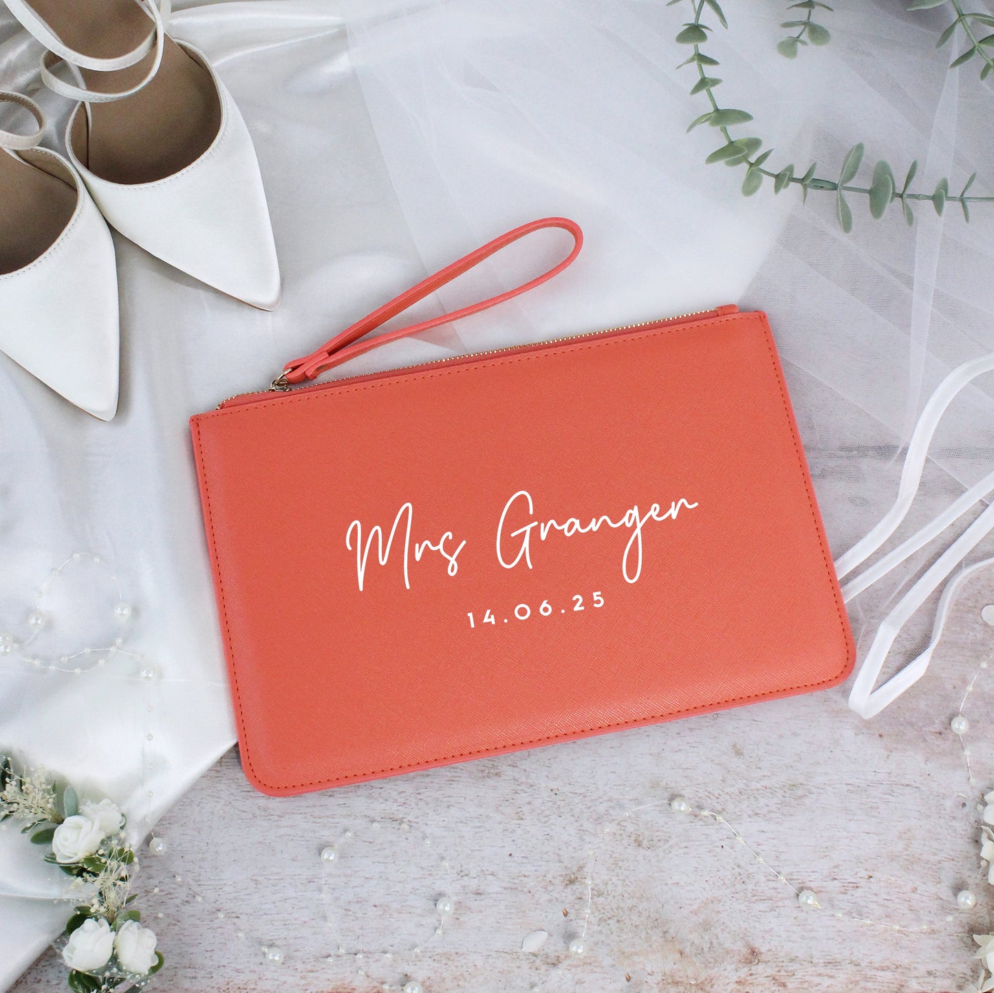 Personalised PU Leather Mrs Clutch Bag with Wedding Date