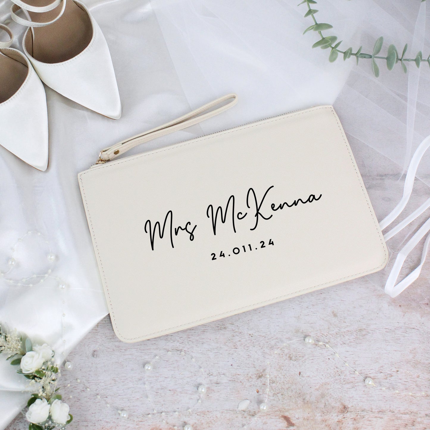 Personalised PU Leather Mrs Clutch Bag with Wedding Date