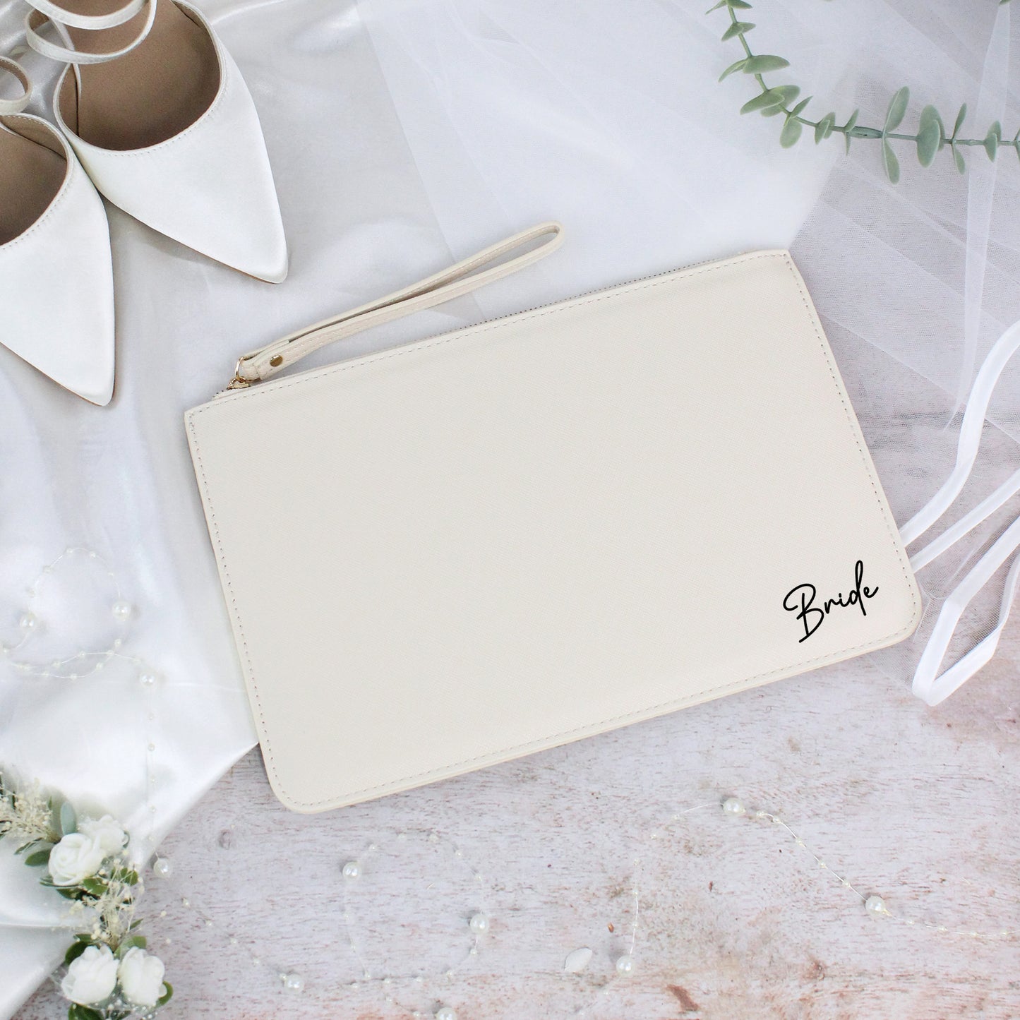 PU Leather Bride Clutch Bag with Wristlet Strap