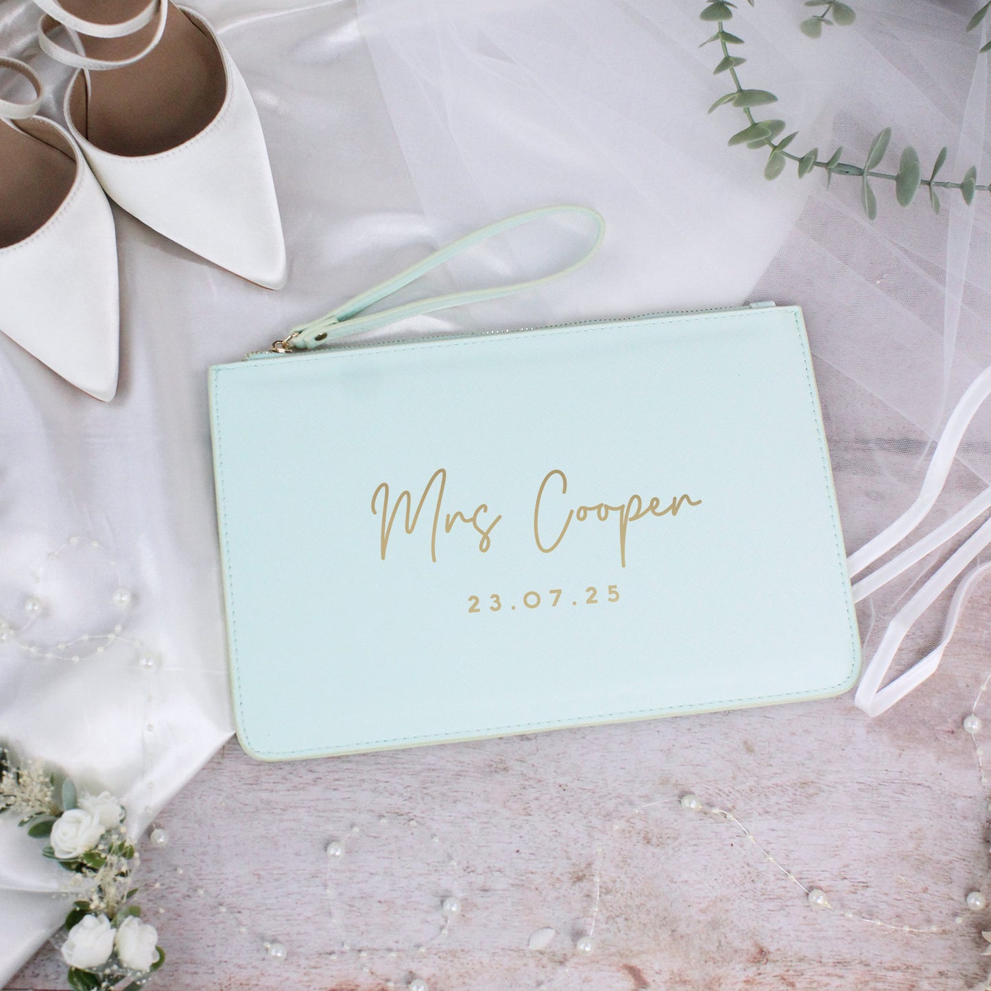 Personalised PU Leather Mrs Clutch Bag with Wedding Date