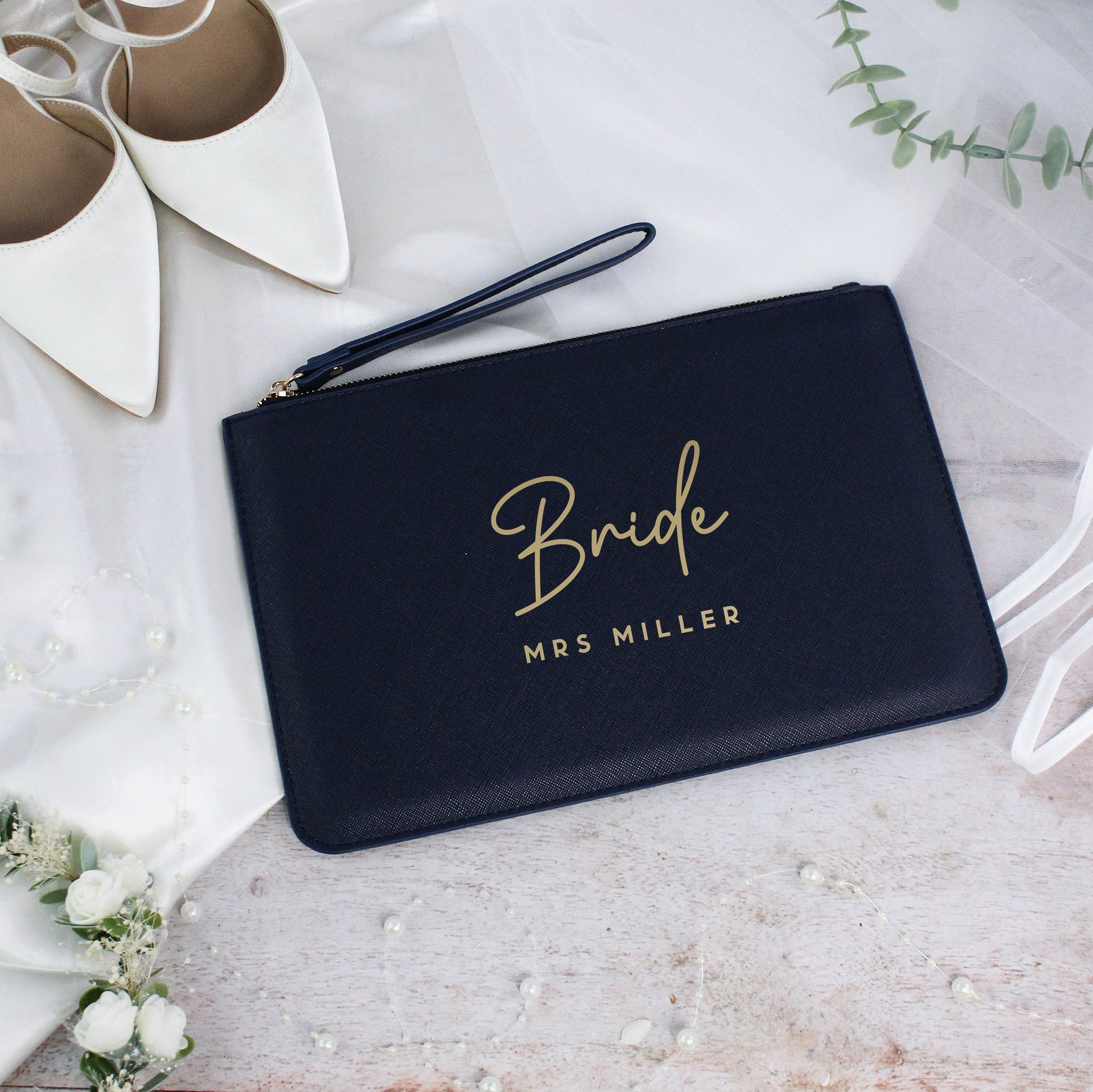 Personalised PU Leather Bride Clutch Bag with Married Name