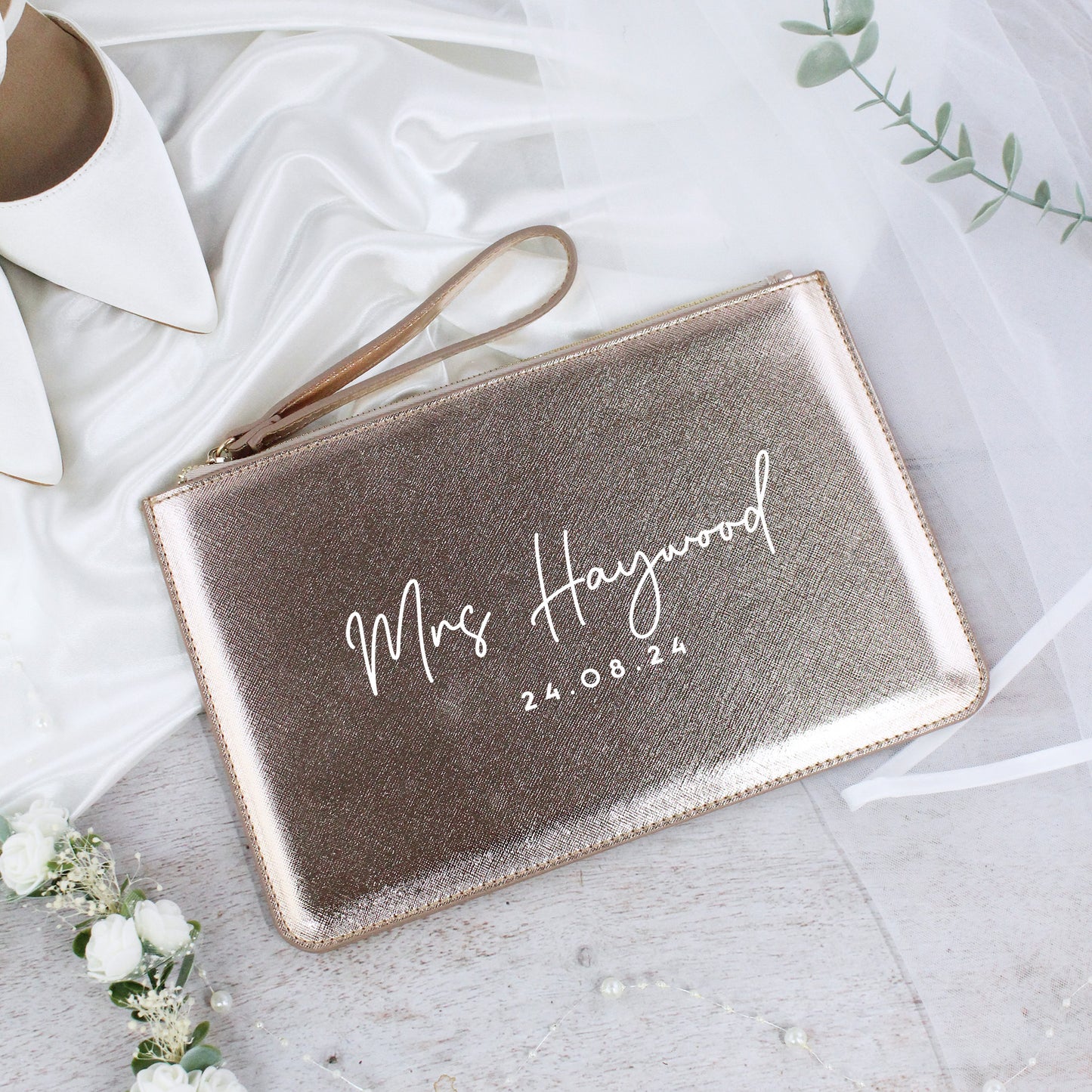 Personalised PU Leather Mrs Clutch Bag with Wedding Date