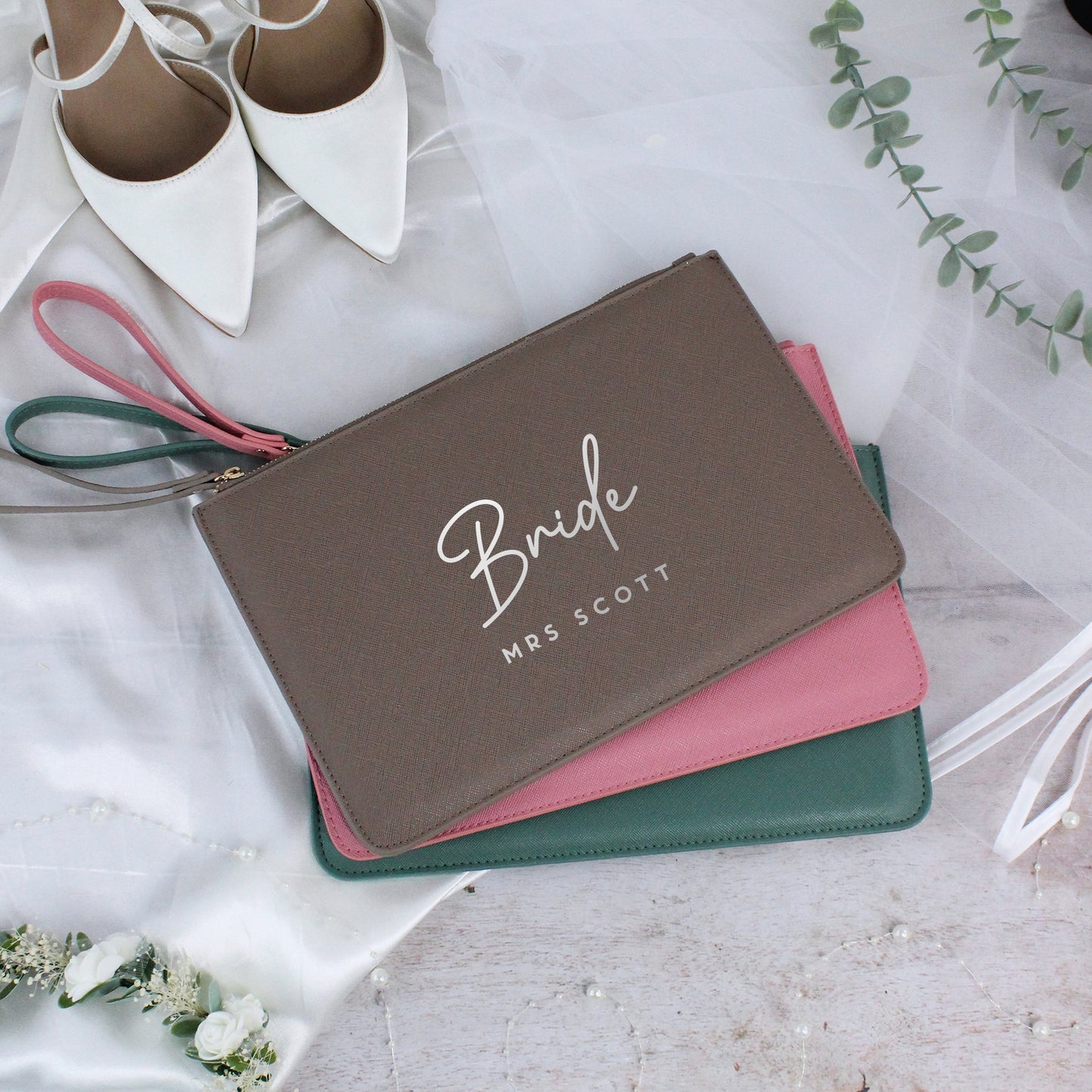 Personalised PU Leather Bride Clutch Bag with Married Name
