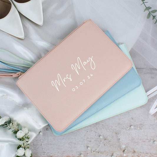 Personalised PU Leather Mrs Clutch Bag with Wedding Date