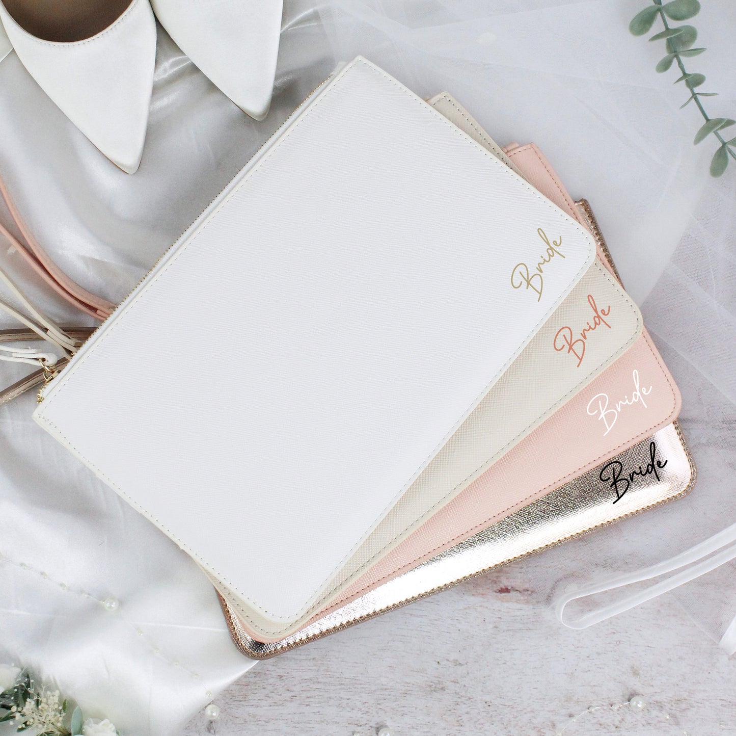 PU Leather Bride Clutch Bag with Wristlet Strap